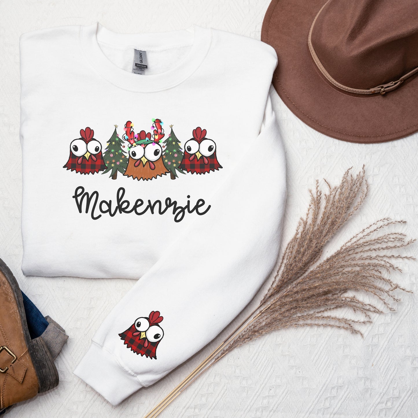 Personalized Funny Chicken Christmas Crewneck Sweatshirt, Groovy Christmas Chicken Sweatshirt, Retro Christmas Chicken Sweatshirt with name