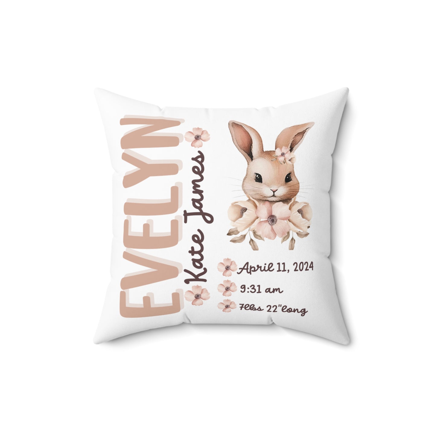 Personalized 2 Sided Floral Ballerina Bunny Birth Announcement Pillow, Mauve Personalized Baby Stats throw Pillow, Custom baby girl pillow