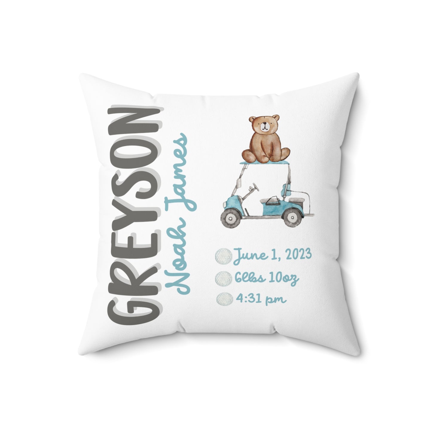 Personalized 2-Sided Golf Bear Birth Announcement Pillow, Personalized Baby Stats Golf Pillow, Custom baby golf cart pillow with name, gift