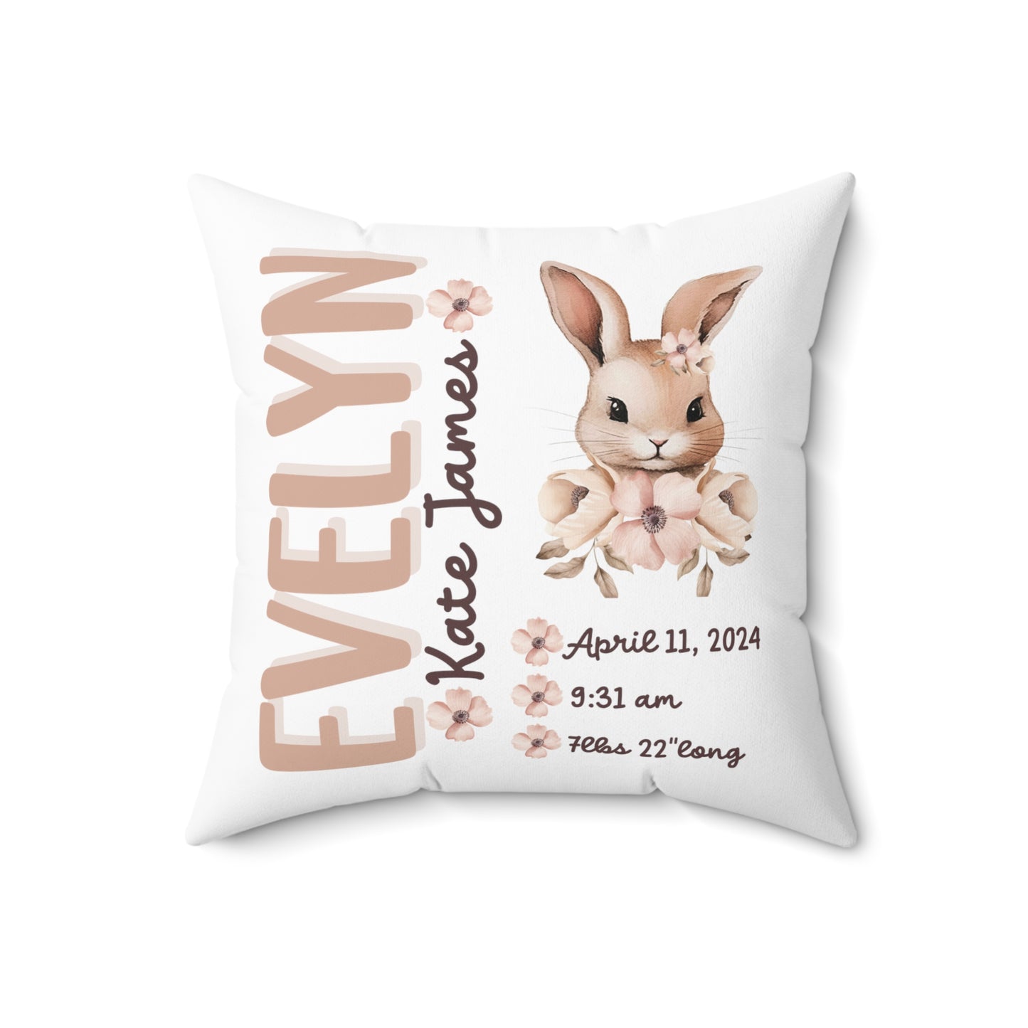 Personalized 2 Sided Floral Ballerina Bunny Birth Announcement Pillow, Mauve Personalized Baby Stats throw Pillow, Custom baby girl pillow