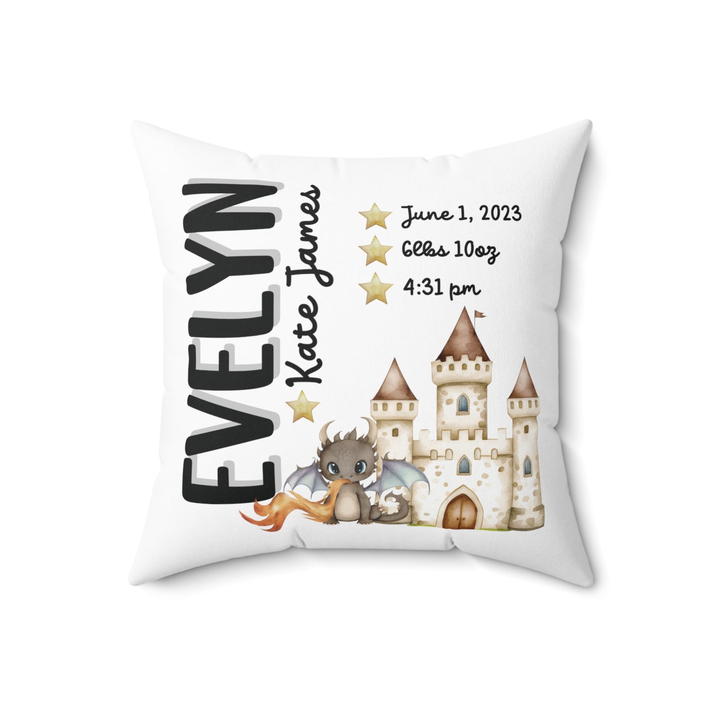 Personalized Cute Dragon Birth Announcement Pillow, Personalized Castle & Dragon Baby Stats Pillow, Custom Baby Crib Pillow, Baby Gift