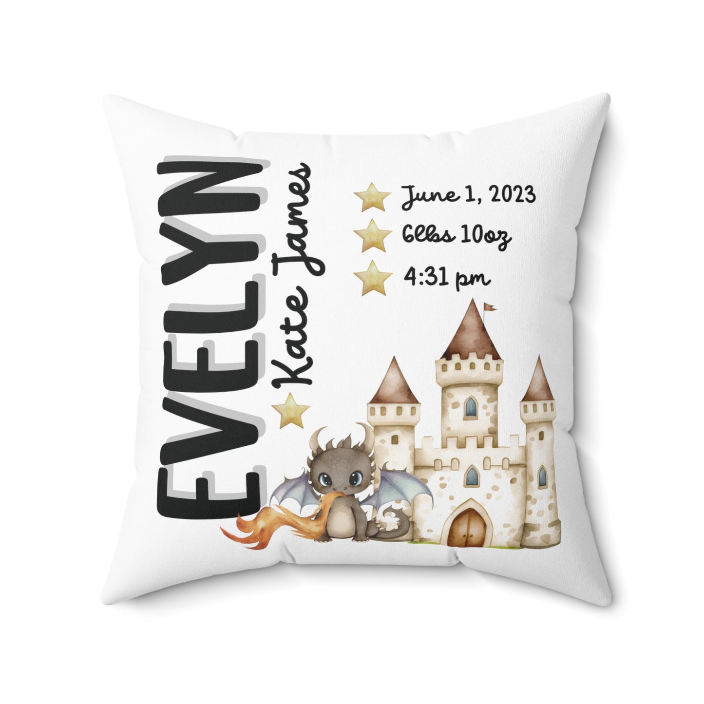 Personalized Cute Dragon Birth Announcement Pillow, Personalized Castle & Dragon Baby Stats Pillow, Custom Baby Crib Pillow, Baby Gift