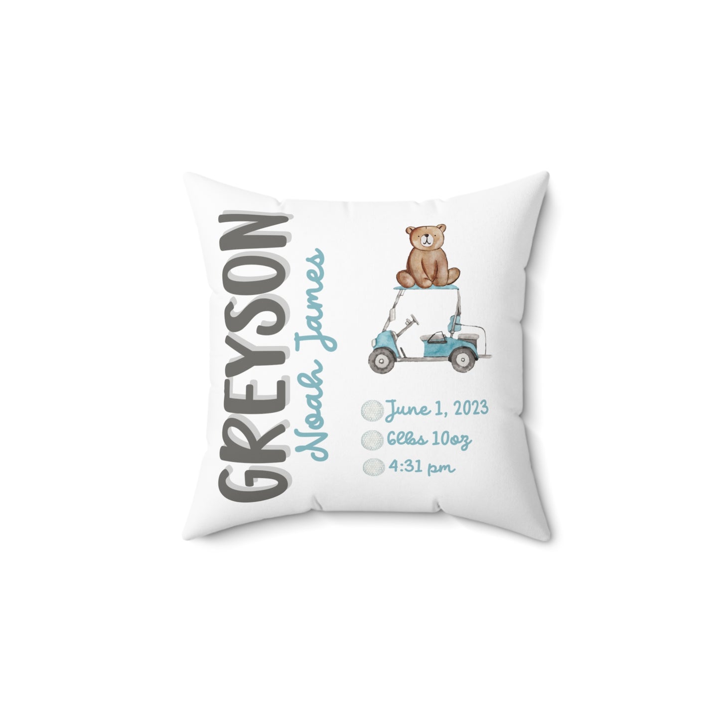 Personalized 2-Sided Golf Bear Birth Announcement Pillow, Personalized Baby Stats Golf Pillow, Custom baby golf cart pillow with name, gift