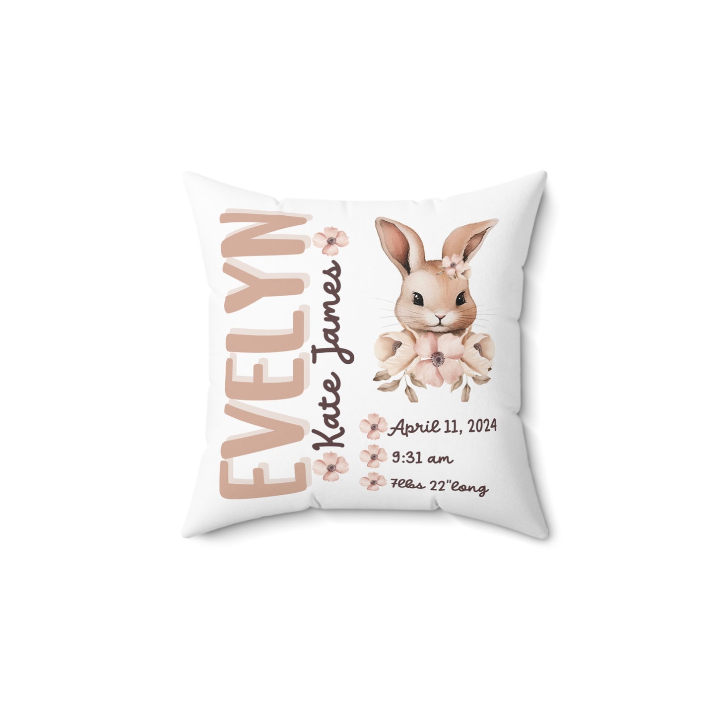 Personalized 2 Sided Floral Ballerina Bunny Birth Announcement Pillow, Mauve Personalized Baby Stats throw Pillow, Custom baby girl pillow