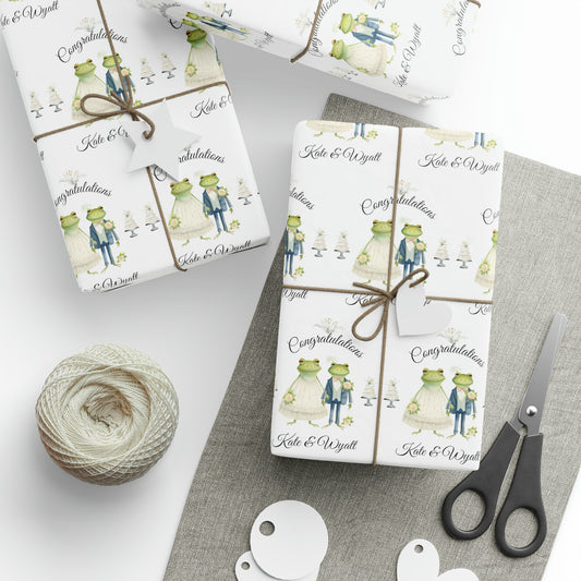 Personalized Frog Couple Wedding Gift Wrap, Custom Frog Wedding Shower Wrapping Paper with name, Custom Bridal Shower Frog Gift Wrap