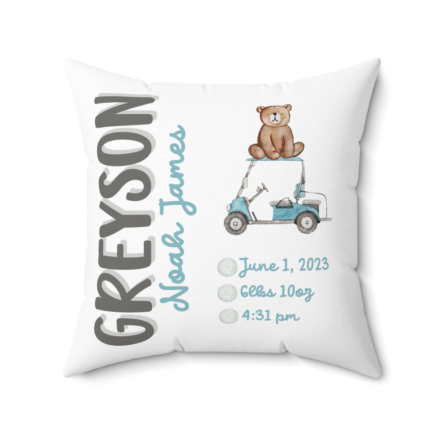 Personalized 2-Sided Golf Bear Birth Announcement Pillow, Personalized Baby Stats Golf Pillow, Custom baby golf cart pillow with name, gift