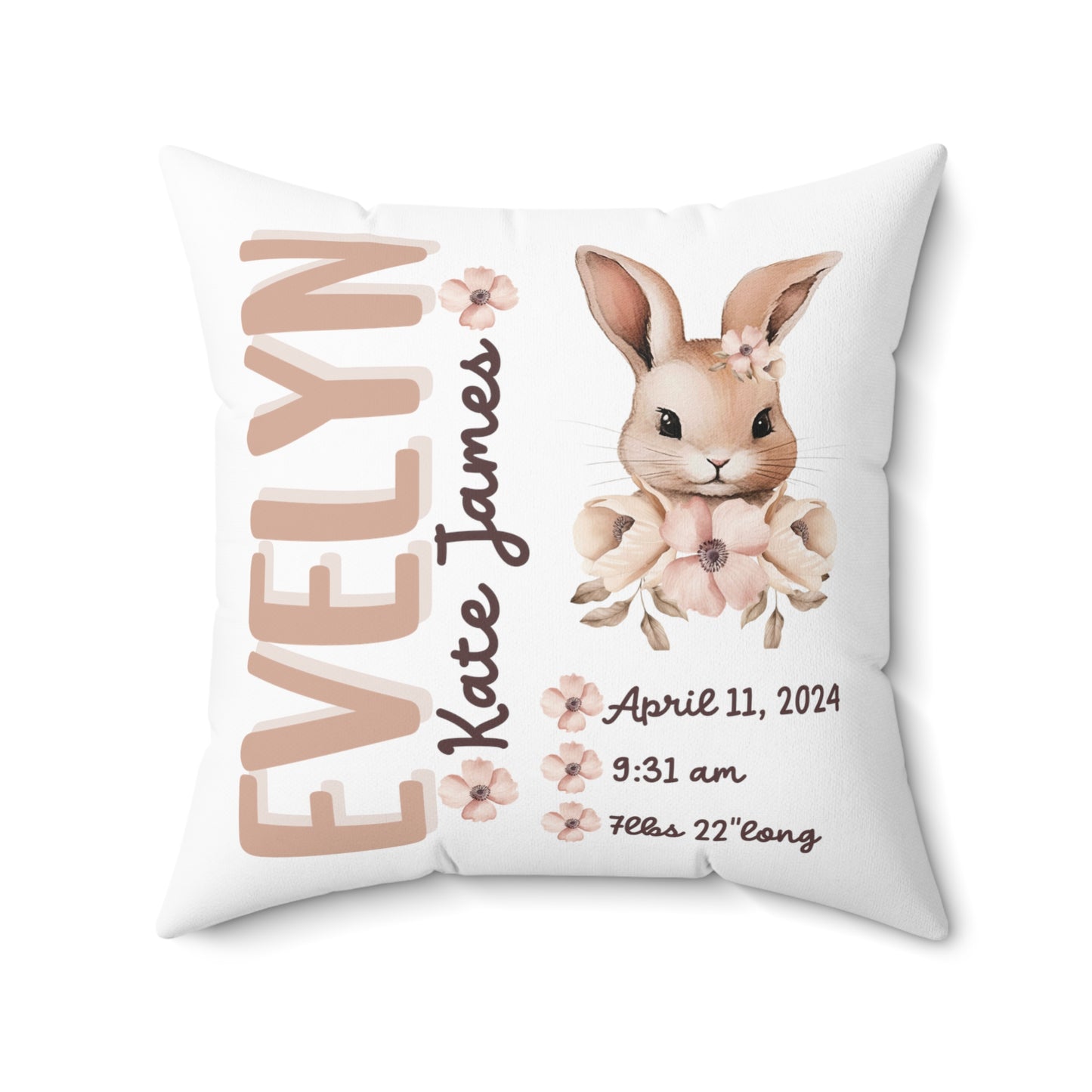 Personalized 2 Sided Floral Ballerina Bunny Birth Announcement Pillow, Mauve Personalized Baby Stats throw Pillow, Custom baby girl pillow