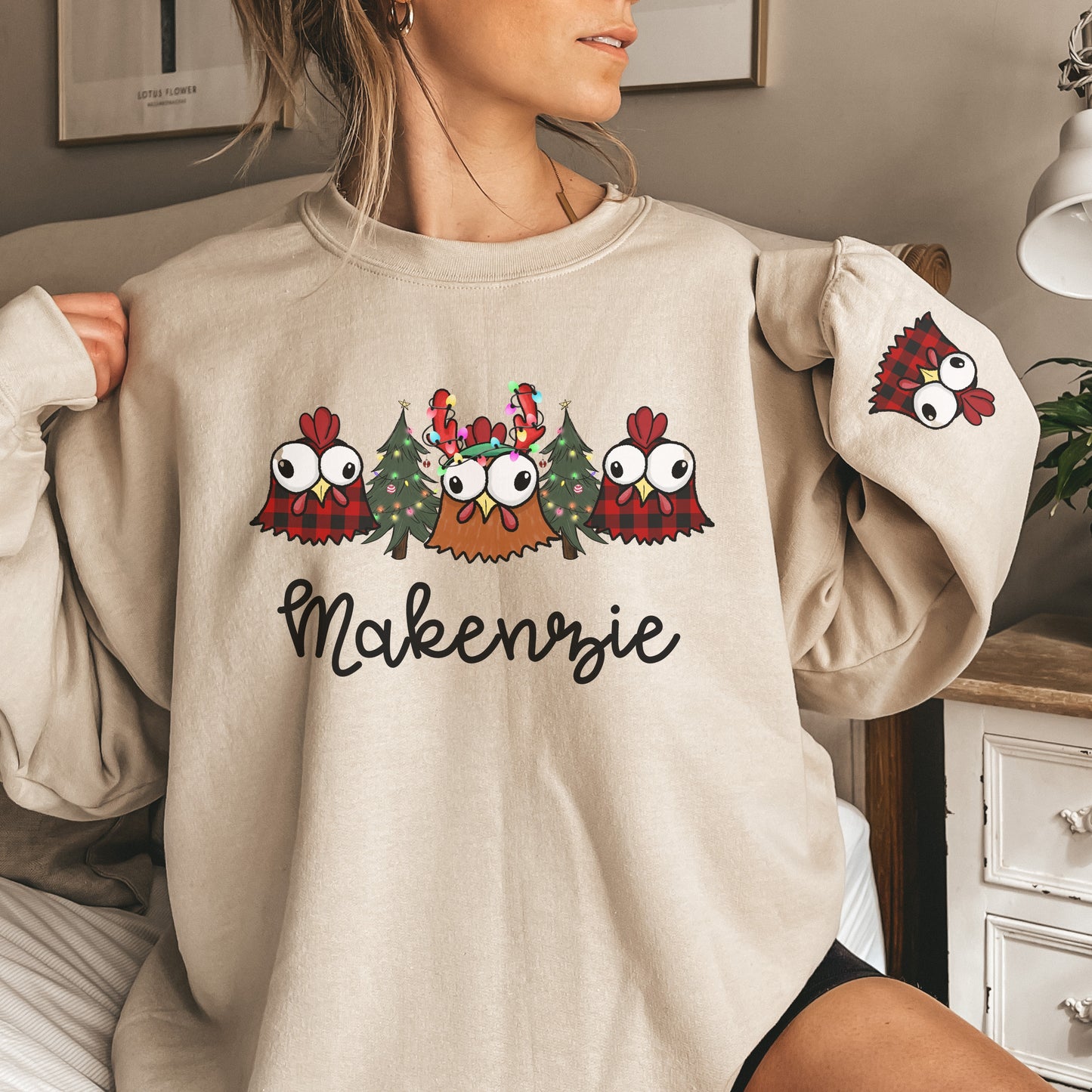 Personalized Funny Chicken Christmas Crewneck Sweatshirt, Groovy Christmas Chicken Sweatshirt, Retro Christmas Chicken Sweatshirt with name