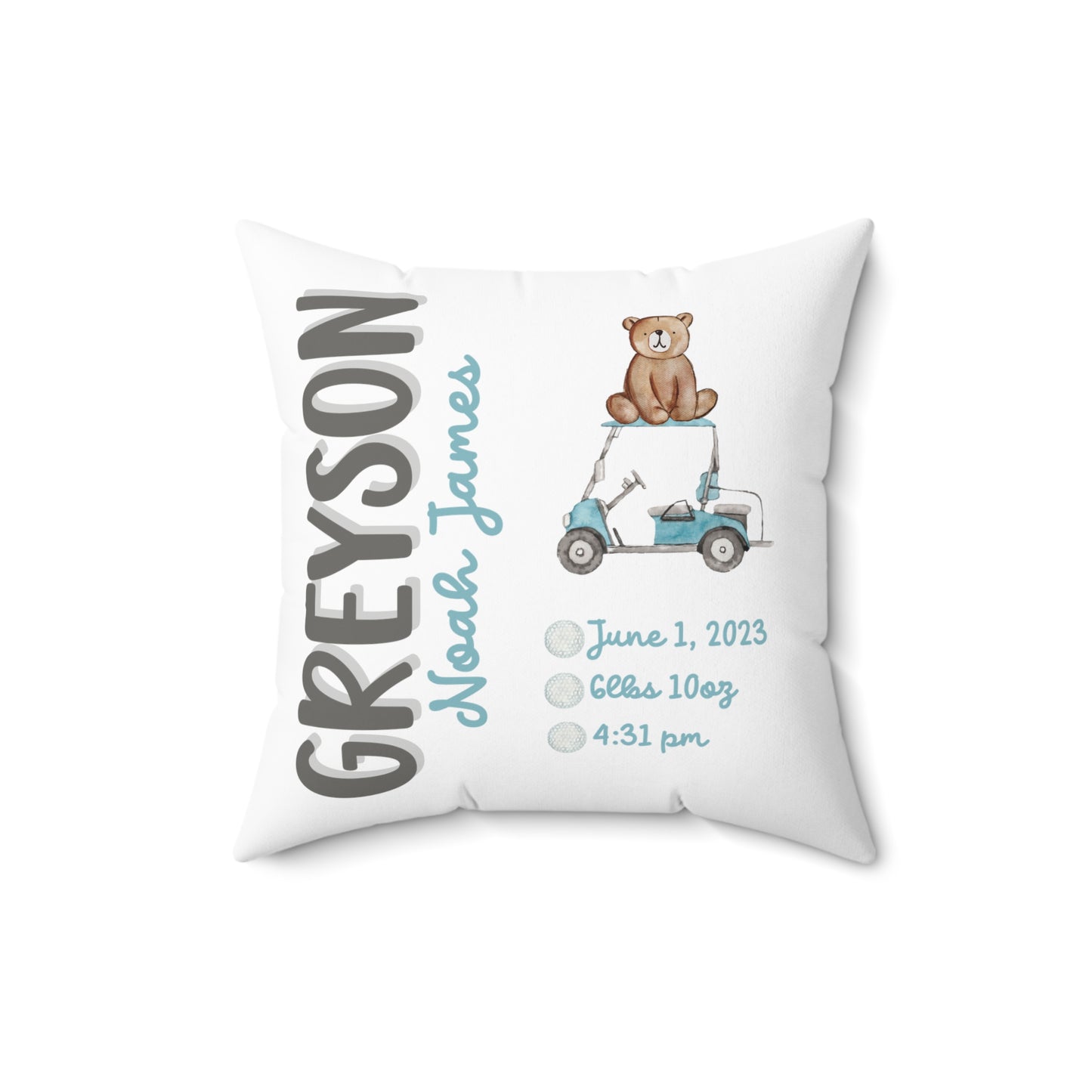 Personalized 2-Sided Golf Bear Birth Announcement Pillow, Personalized Baby Stats Golf Pillow, Custom baby golf cart pillow with name, gift