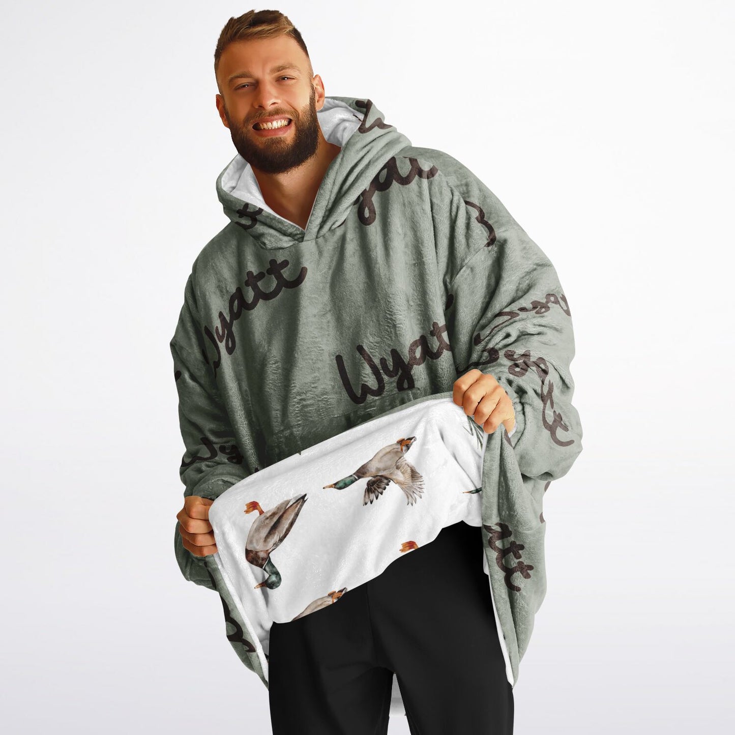 Personalized Flying Mallard Reversible Oversized Blanket Hoodie, Reversible Duck Oversized Blanket Hoodie with name, Custom Duck Oversized Blanket Hoodie