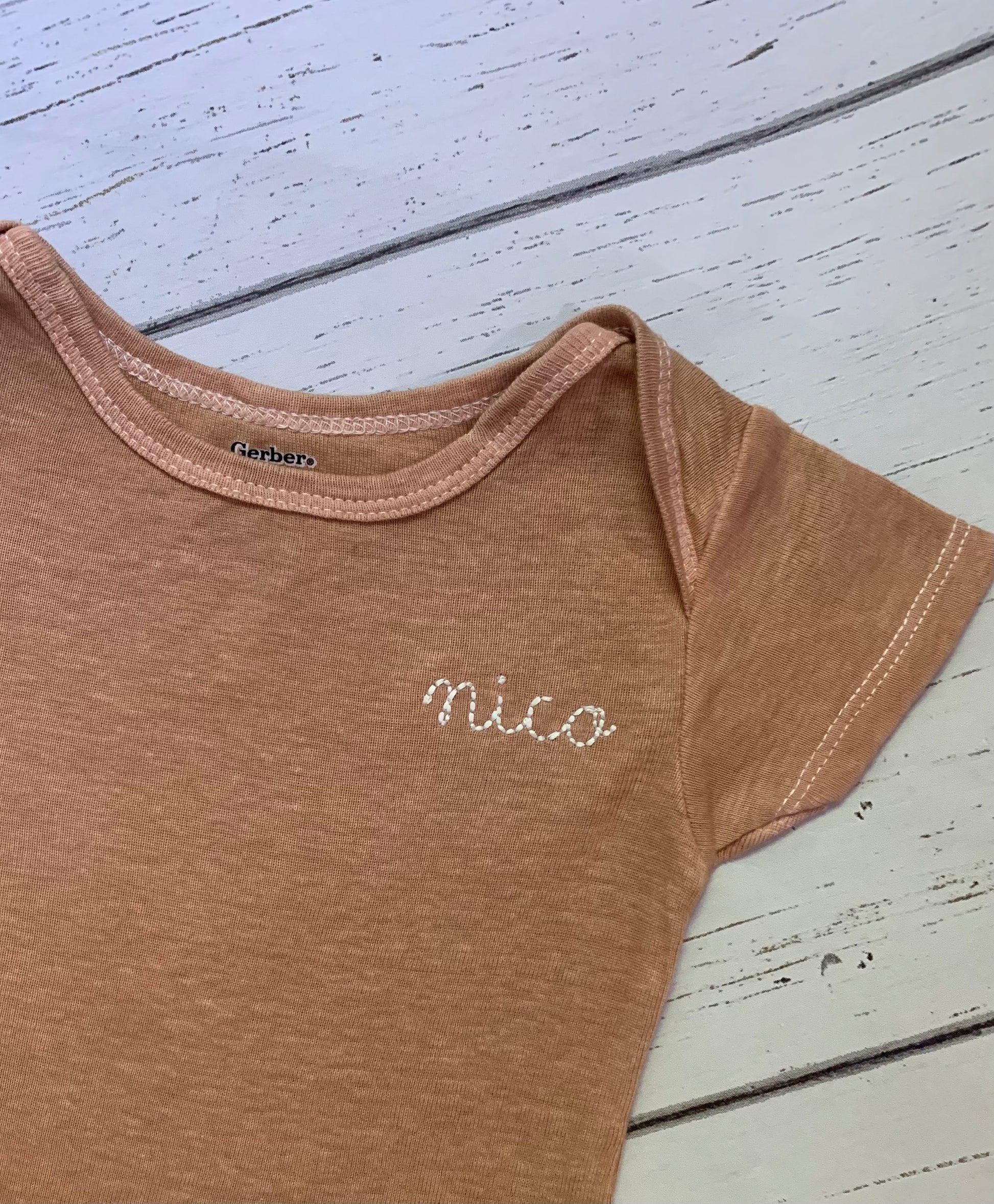 Hand dyed Butternut colored personalized embroidered baby ONESIES® brand bodysuit, caramel color bodysuit, baby name bodysuit, baby gift