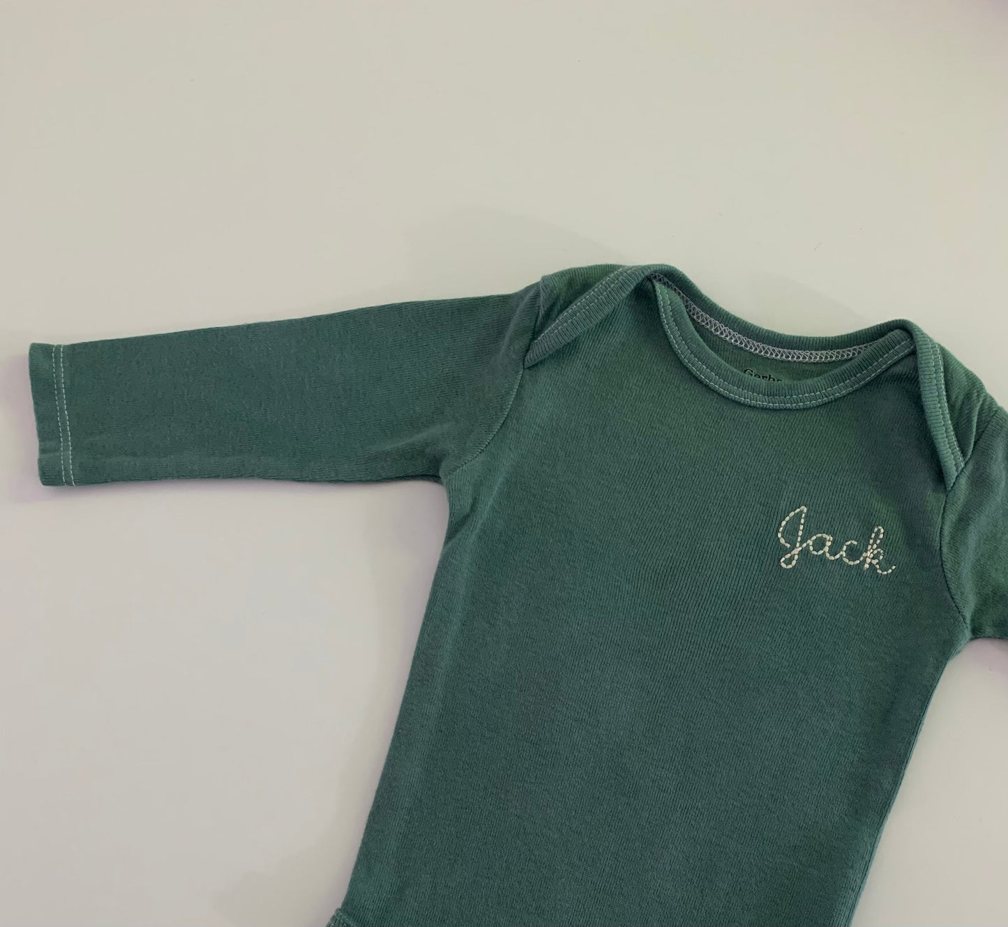 Hand Dyed Dark Sage Green Baby ONESIES® brand bodysuit, long sleeve personalized baby bodysuit, Vintage embroidered baby bodysuit