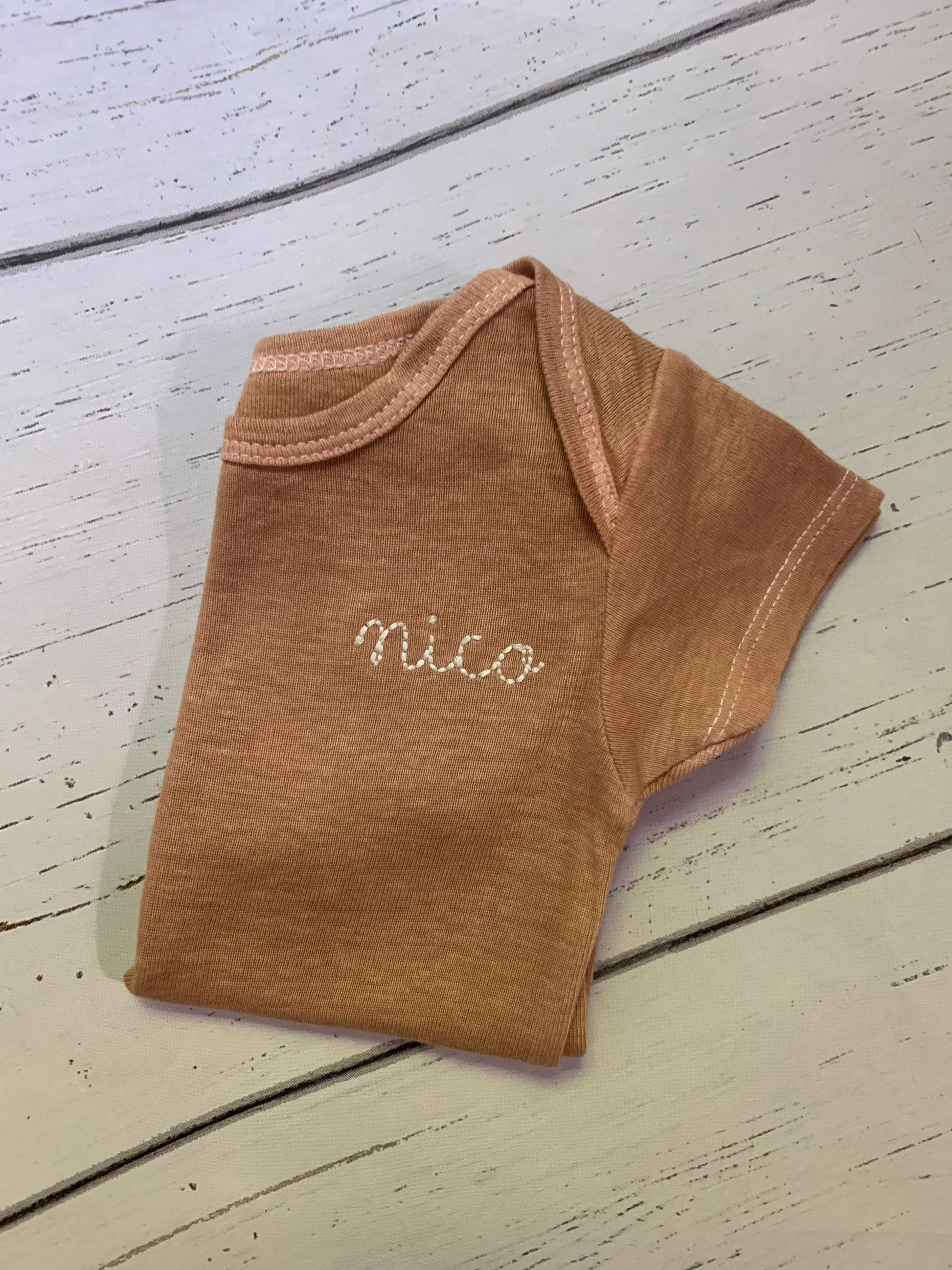 Hand dyed Butternut colored personalized embroidered baby ONESIES® brand bodysuit, caramel color bodysuit, baby name bodysuit, baby gift