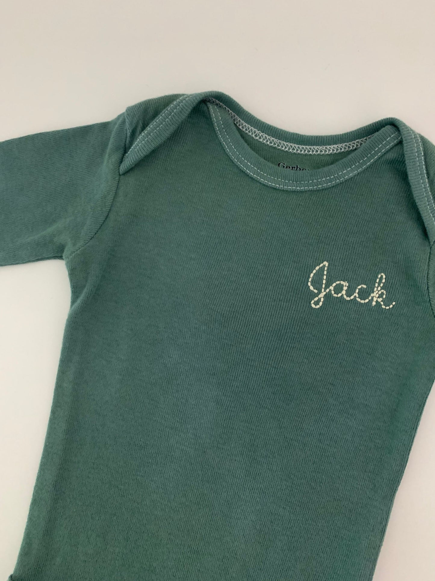 Hand Dyed Dark Sage Green Baby ONESIES® brand bodysuit, long sleeve personalized baby bodysuit, Vintage embroidered baby bodysuit