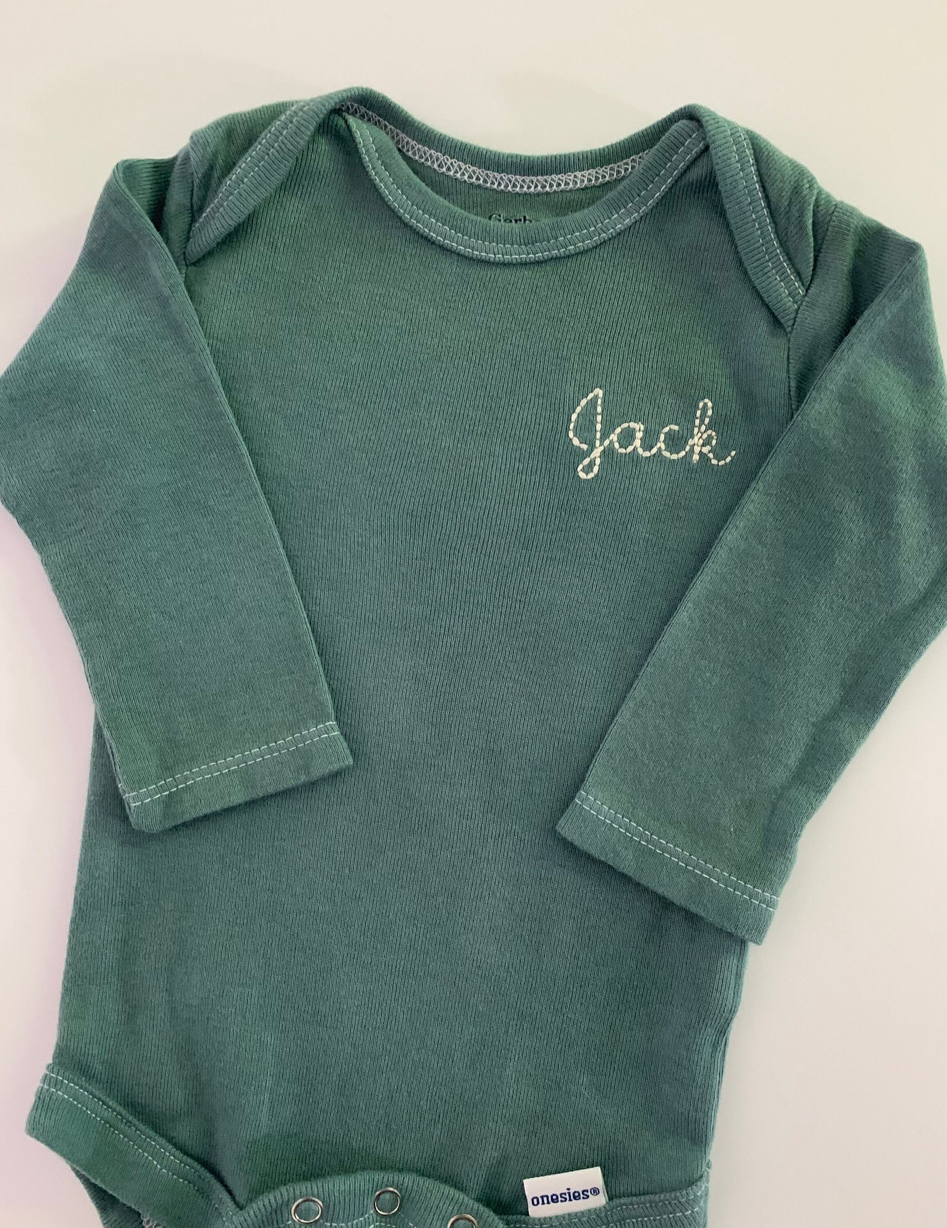 Hand Dyed Dark Sage Green Baby ONESIES® brand bodysuit, long sleeve personalized baby bodysuit, Vintage embroidered baby bodysuit