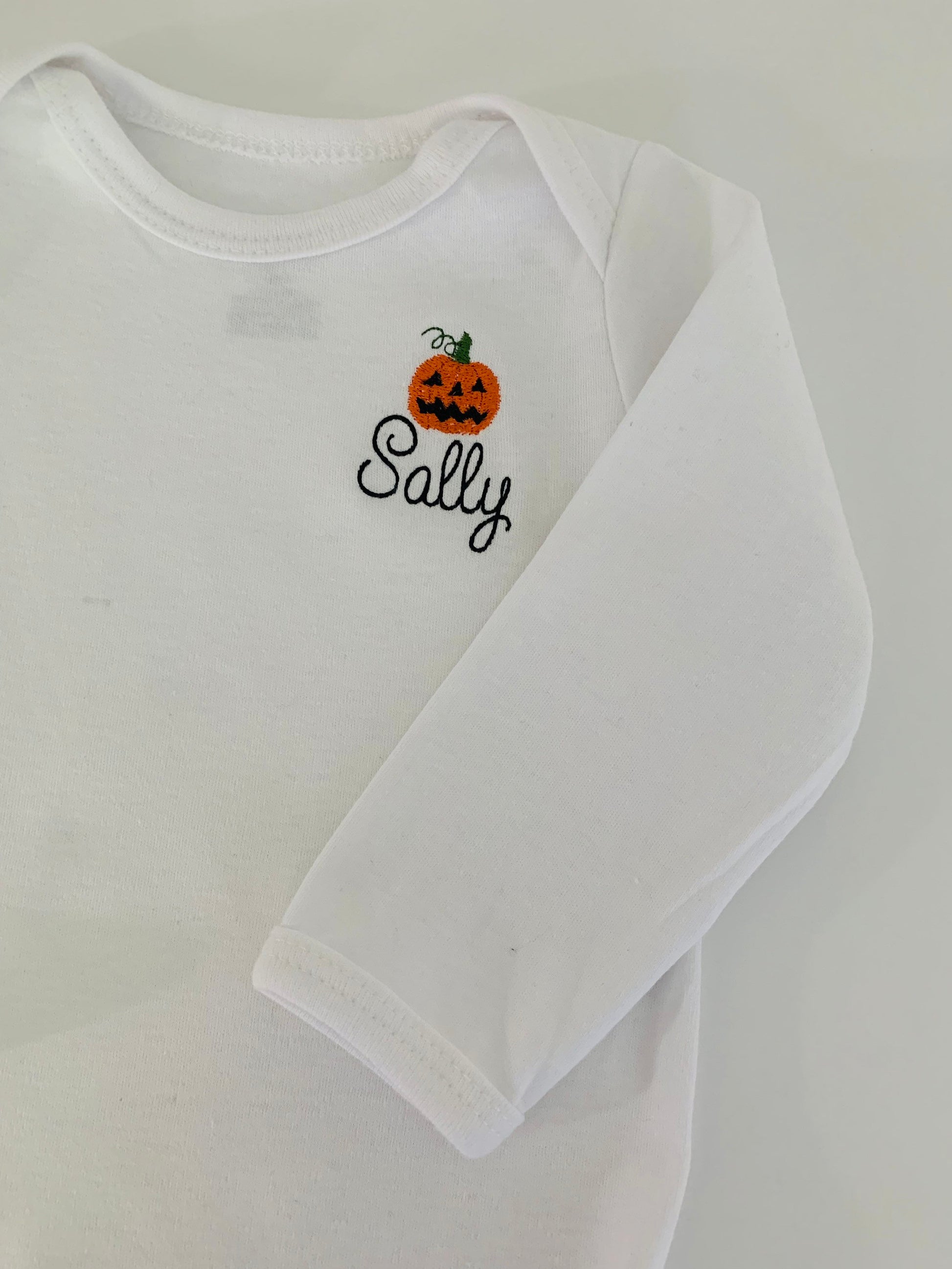 Vintage Halloween Jack o’ lantern pumpkin Long Sleeve Embroidered Personalized baby ONESIES® Brand bodysuit, Halloween baby bodysuit