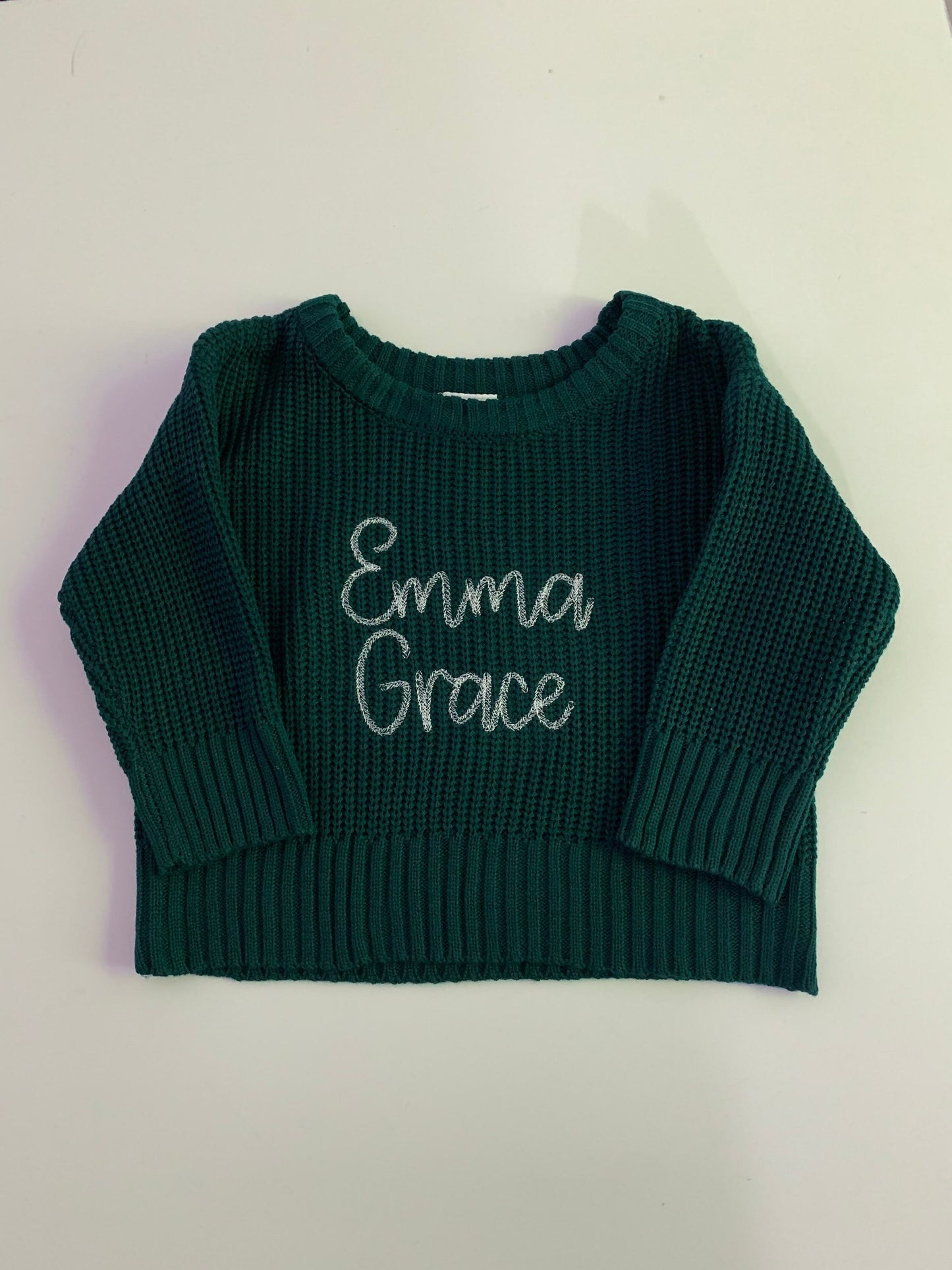 Personalized baby Toddler Embroidered big baby name sweater, modern chain stitch font, dark green, brown, red or white, baby sweater