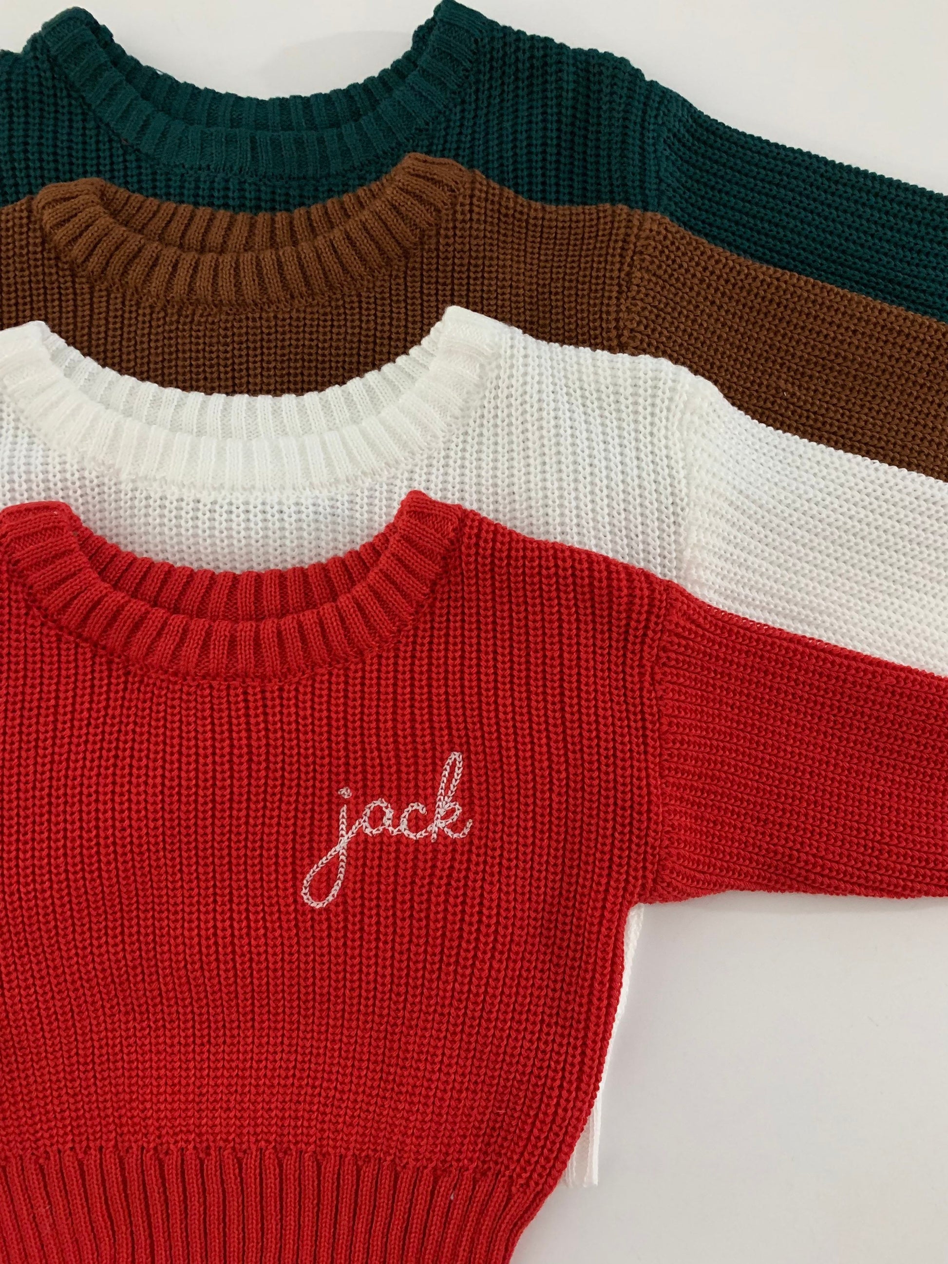 Personalized baby Toddler Embroidered name sweater, baby toddler gift, custom baby name sweater red green white or brown, chain stitch font