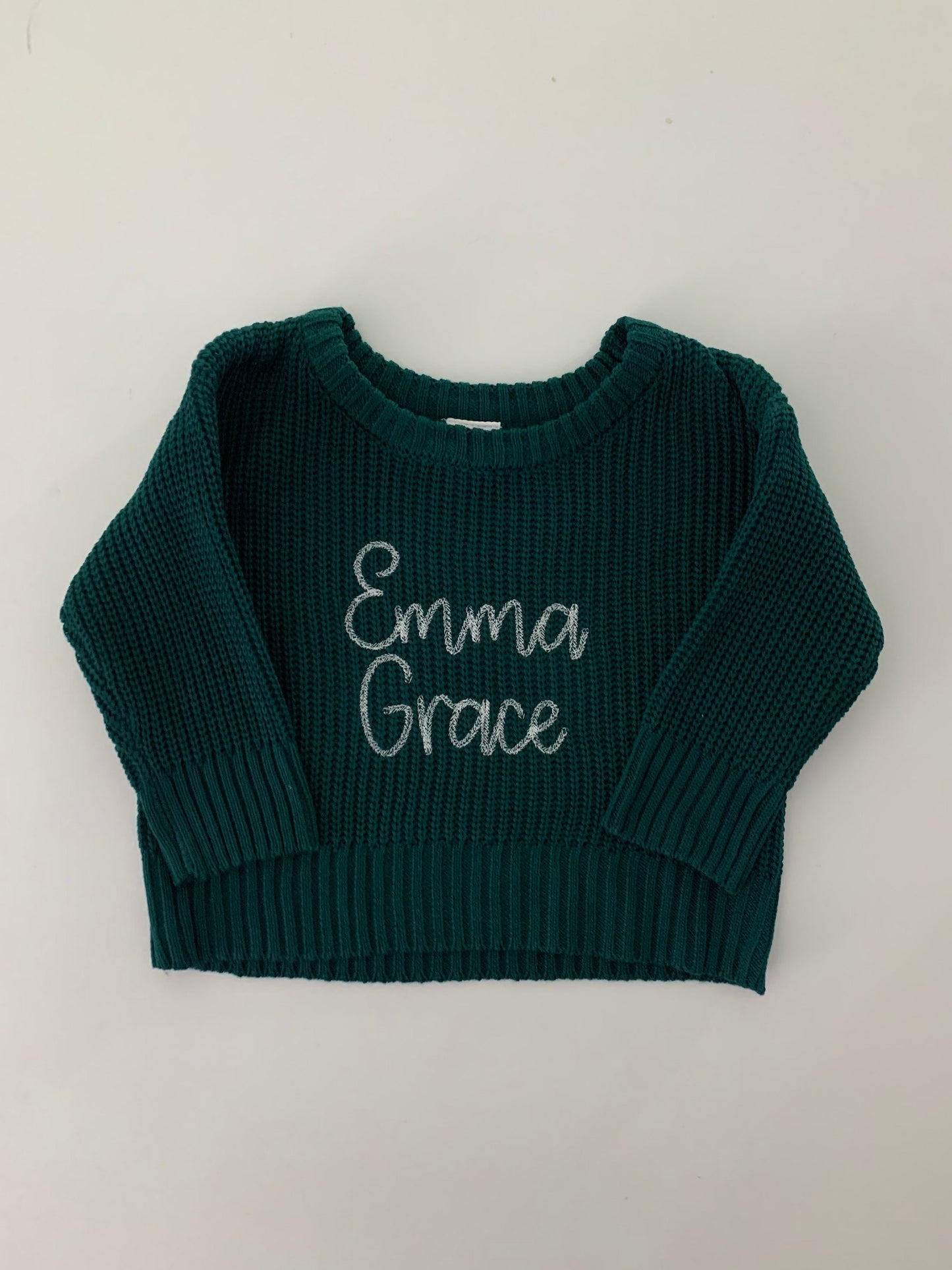 Personalized baby Toddler Embroidered big baby name sweater, modern chain stitch font, dark green, brown, red or white, baby sweater