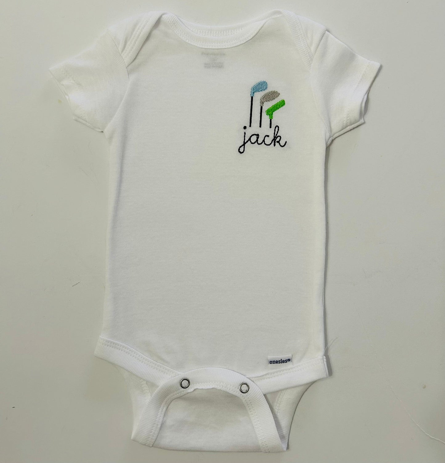 Baby girls or boys embroidered personalized golf ONESIES® Brand bodysuit, golf clubs baby bodysuit, golf baby bodysuit, golf baby gift