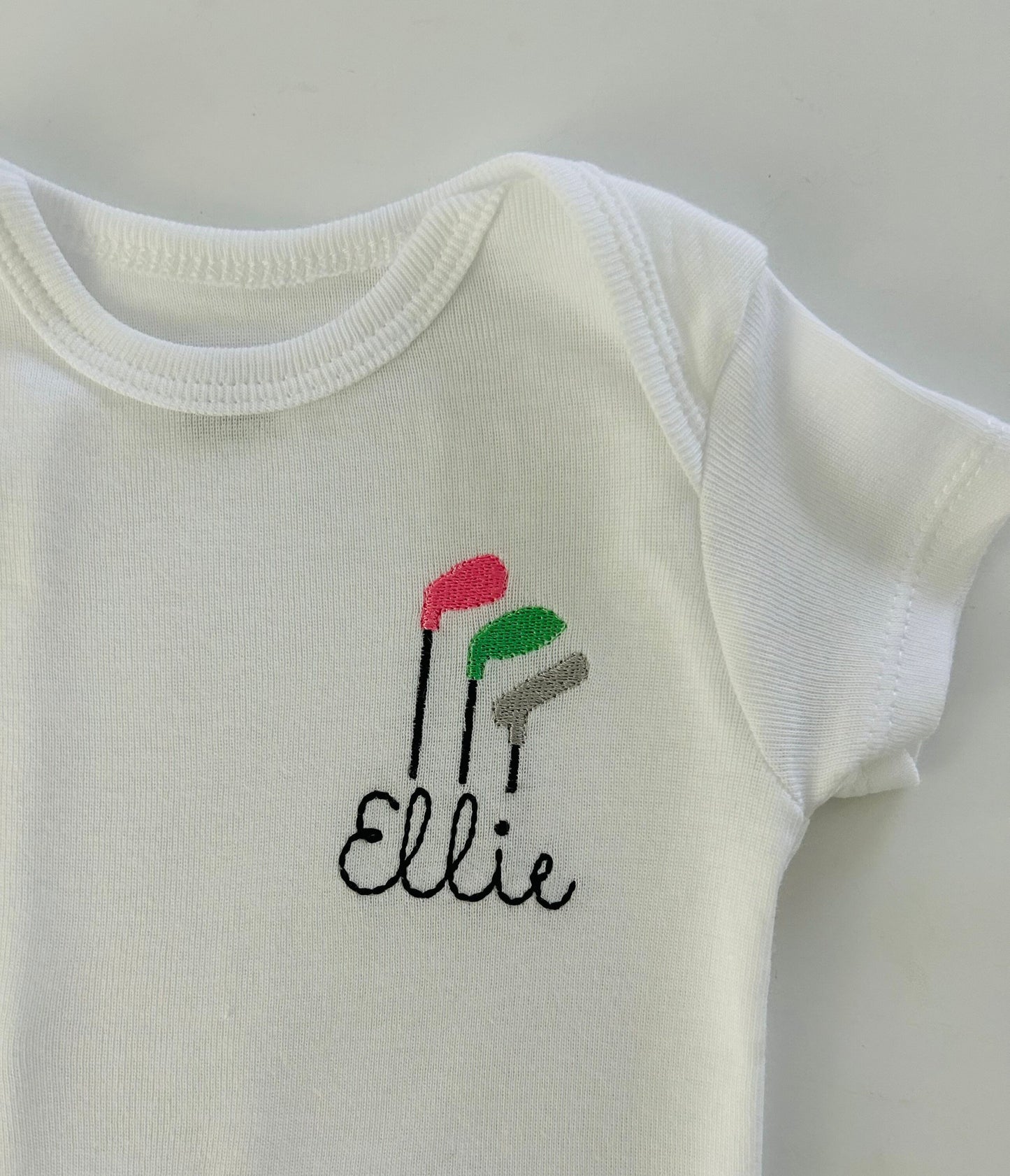 Baby girls or boys embroidered personalized golf ONESIES® Brand bodysuit, golf clubs baby bodysuit, golf baby bodysuit, golf baby gift