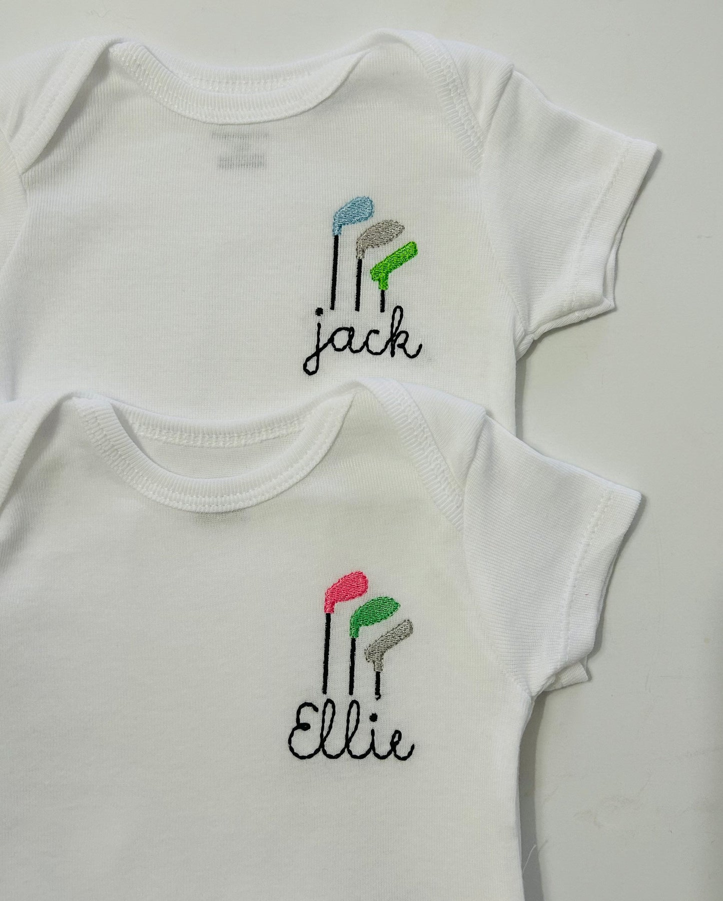 Baby girls or boys embroidered personalized golf ONESIES® Brand bodysuit, golf clubs baby bodysuit, golf baby bodysuit, golf baby gift