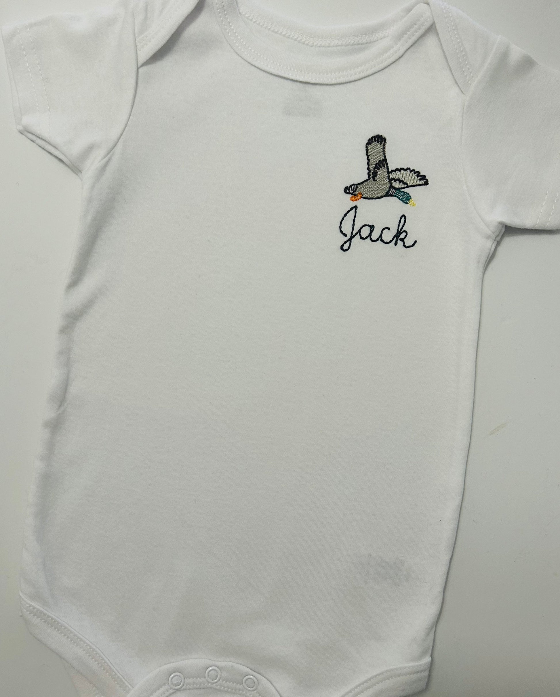 Embroidered personalized baby duck ONESIES® Brand bodysuit, embroidered baby mallard bodysuit, baby duck bodysuit, flying mallard bodysuit