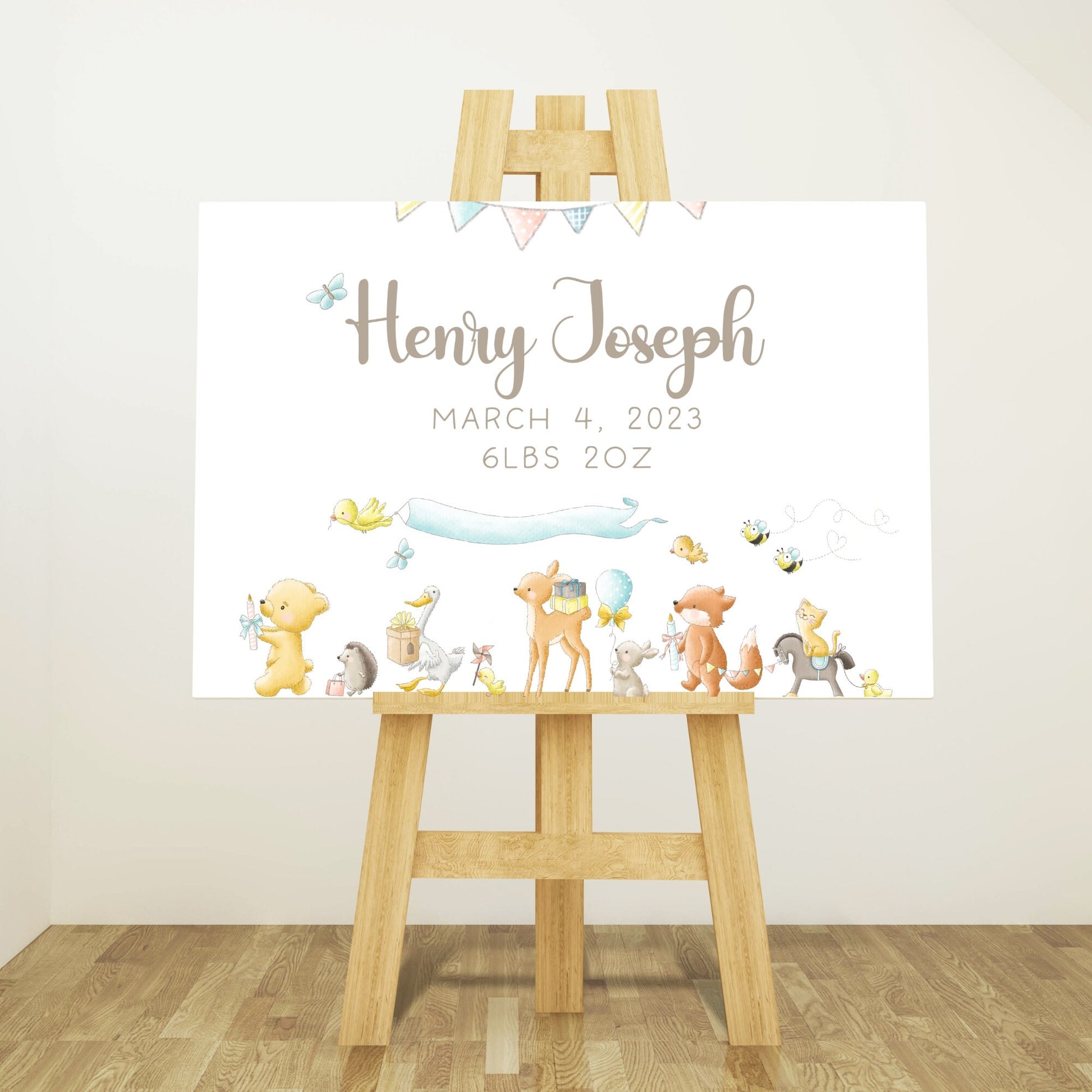 Personalized Woodland Animal Baby birth stats nursery art print, animal parade baby stats nursery wall art print with name, nursery sign