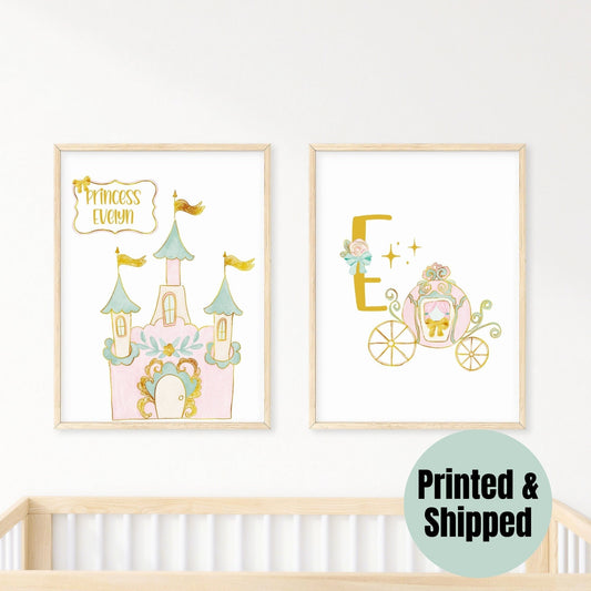 Personalized Princess wall art set of 2 prints, Princess nursery wall art prints with name, princess nursery wall decor, baby shower gift