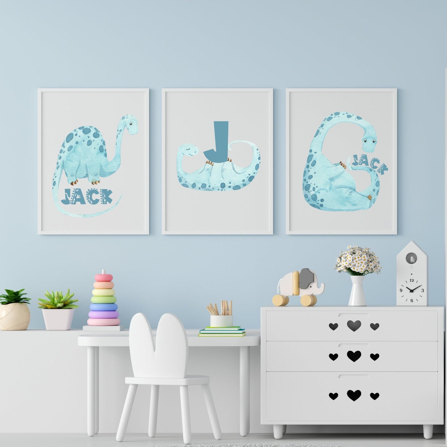 Personalized Blue Dinosaur Nursey wall art set of 3 prints, dinosaur nursery wall art set with name, dinosaur nursery decor, baby shower