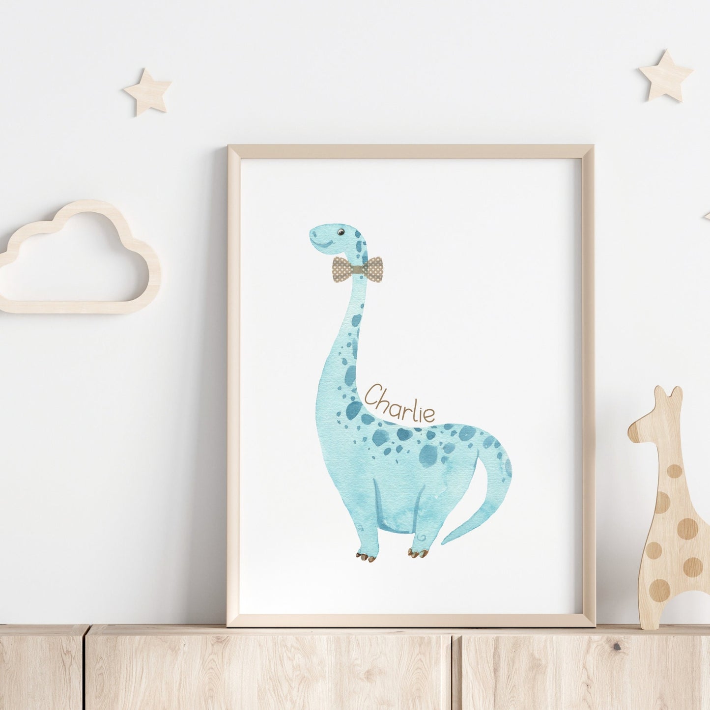 Personalized Watercolor blue dinosaur with bow tie wall art print, Nursery name decor, Baby name sign, nursery name sign, dinosaur wall art