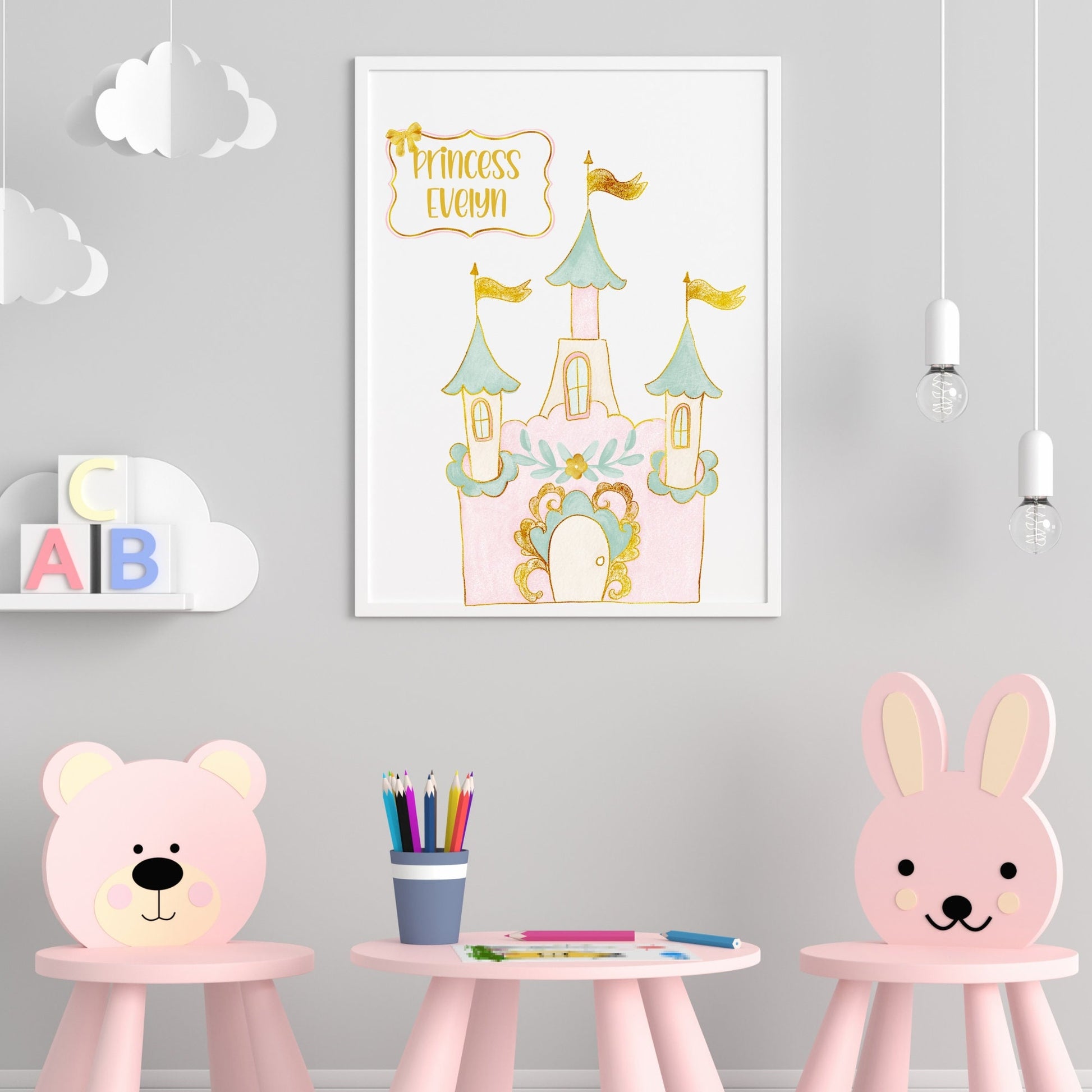 Personalized Princess wall art set of 2 prints, Princess nursery wall art prints with name, princess nursery wall decor, baby shower gift