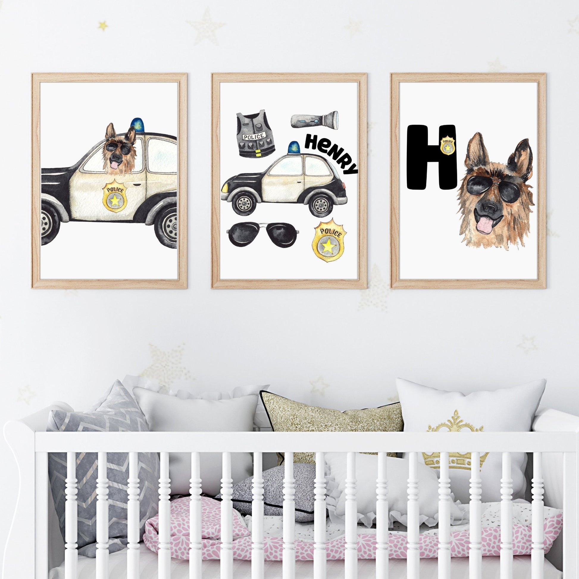 Personalized Police Dog wall art set of 3 prints, printed and shipped police art prints, nursery wall art set, kids police car wall art set