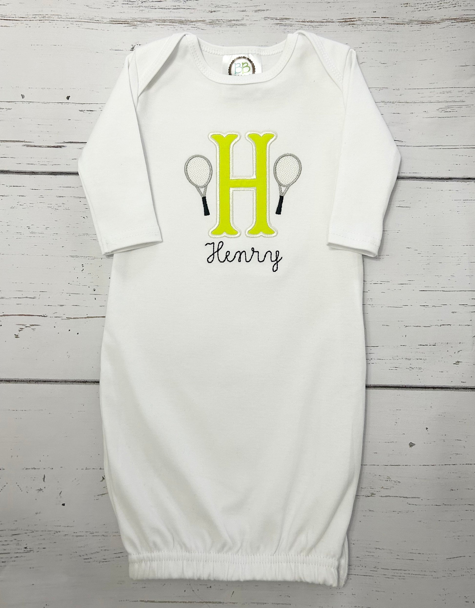 Personalized Embroidered tennis baby gown, embroidered baby gown, personalized baby gown, embroidered baby tennis gown, tennis gift