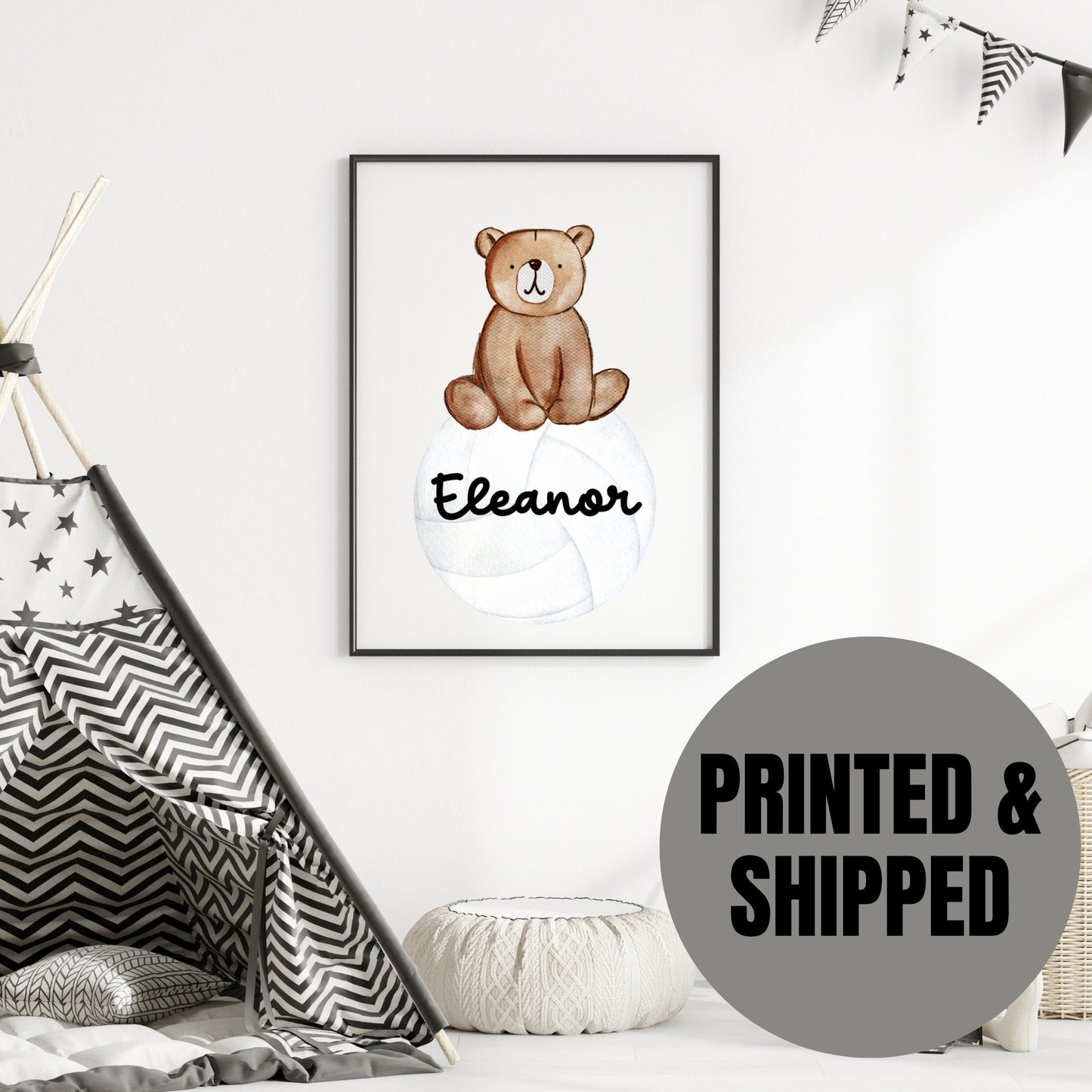 Personalized Woodland Bear on a Volleyball wall art print, kids volleyball wall art print, nursery name sign, baby name sign, sports art