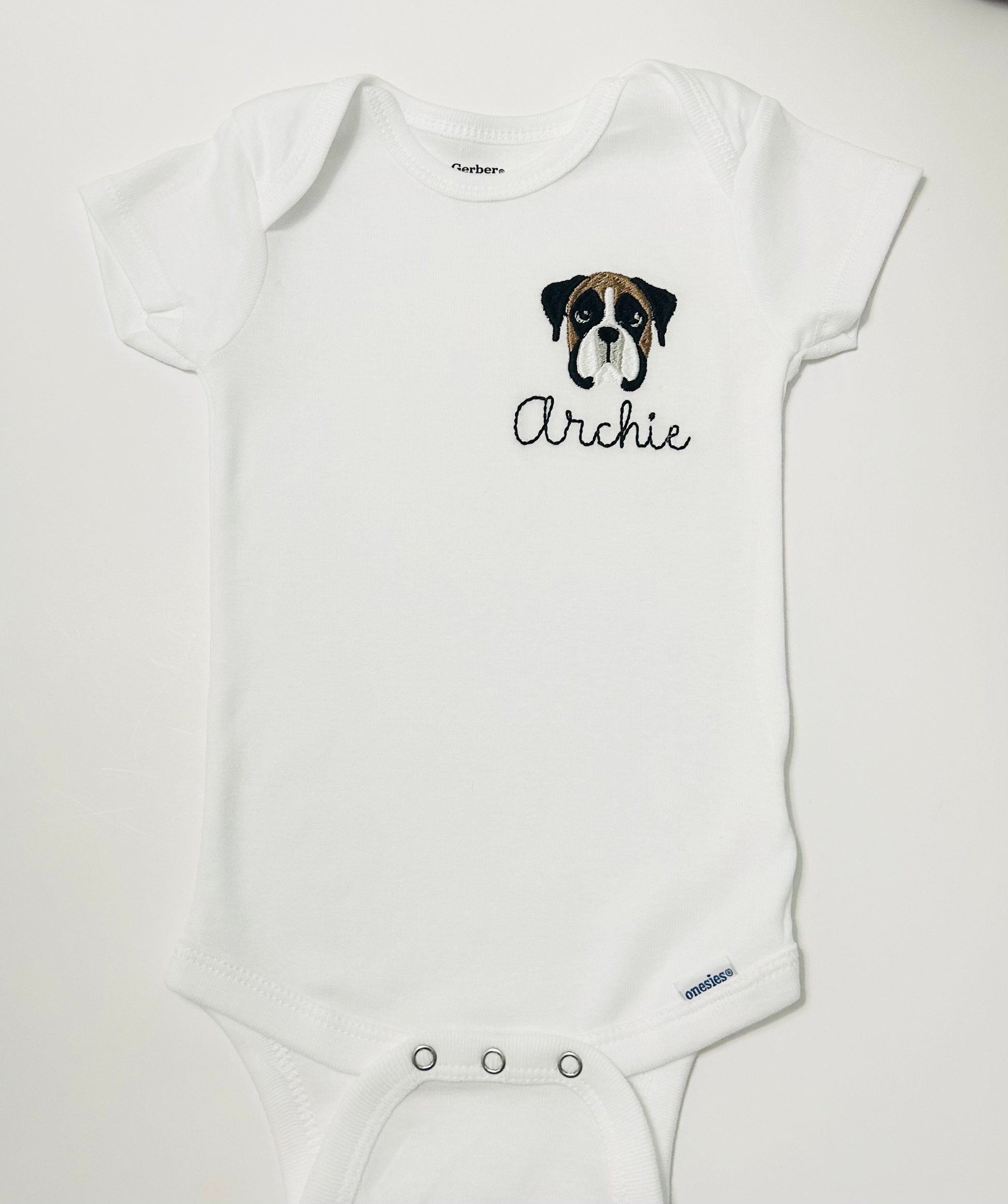 Personalized Embroidered Boxer ONESIES® brand baby bodysuits, personalized Boxer bodysuit, baby name bodysuit, boxer dog bodysuit, puppy