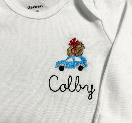 Personalized Embroidered Turkey on top of the car baby ONESIES® brand bodysuit, Personalized Thanksgiving baby bodysuit, turkey bodysuit