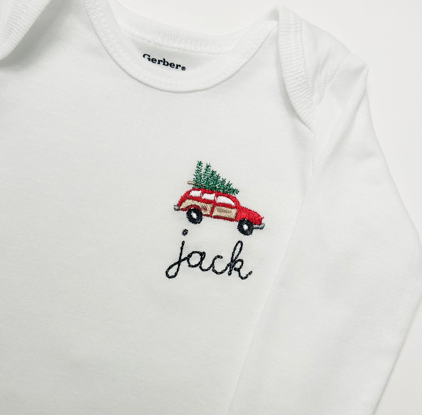 Embroidered personalized Station Wagon with Tree Christmas ONESIES® brand bodysuit, personalized baby bodysuit, custom Christmas outfit