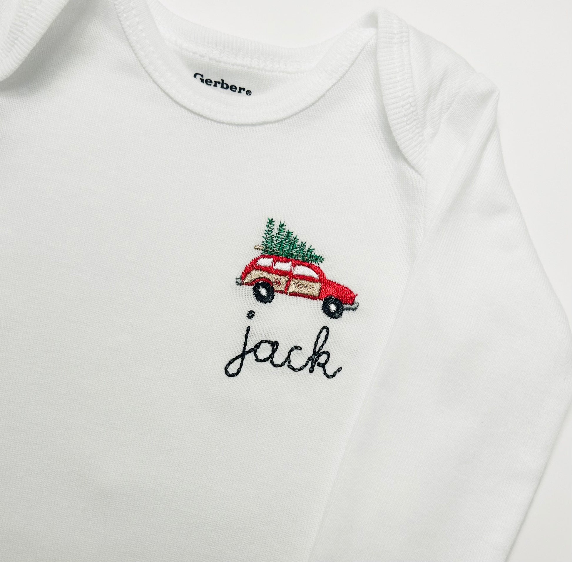 Embroidered personalized Station Wagon with Tree Christmas ONESIES® brand bodysuit, personalized baby bodysuit, custom Christmas outfit