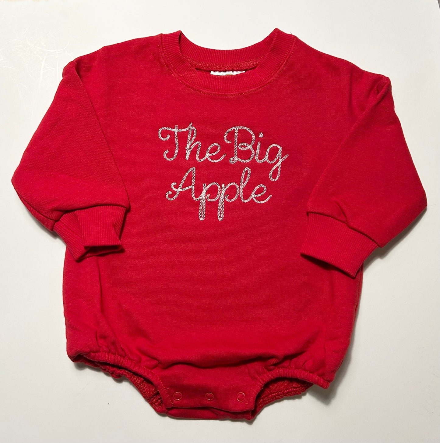 The Big Apple embroidered red baby sweatshirt bubble romper, New York baby bubble romper, Big Apple baby sweatshirt, New York baby gift, NYC