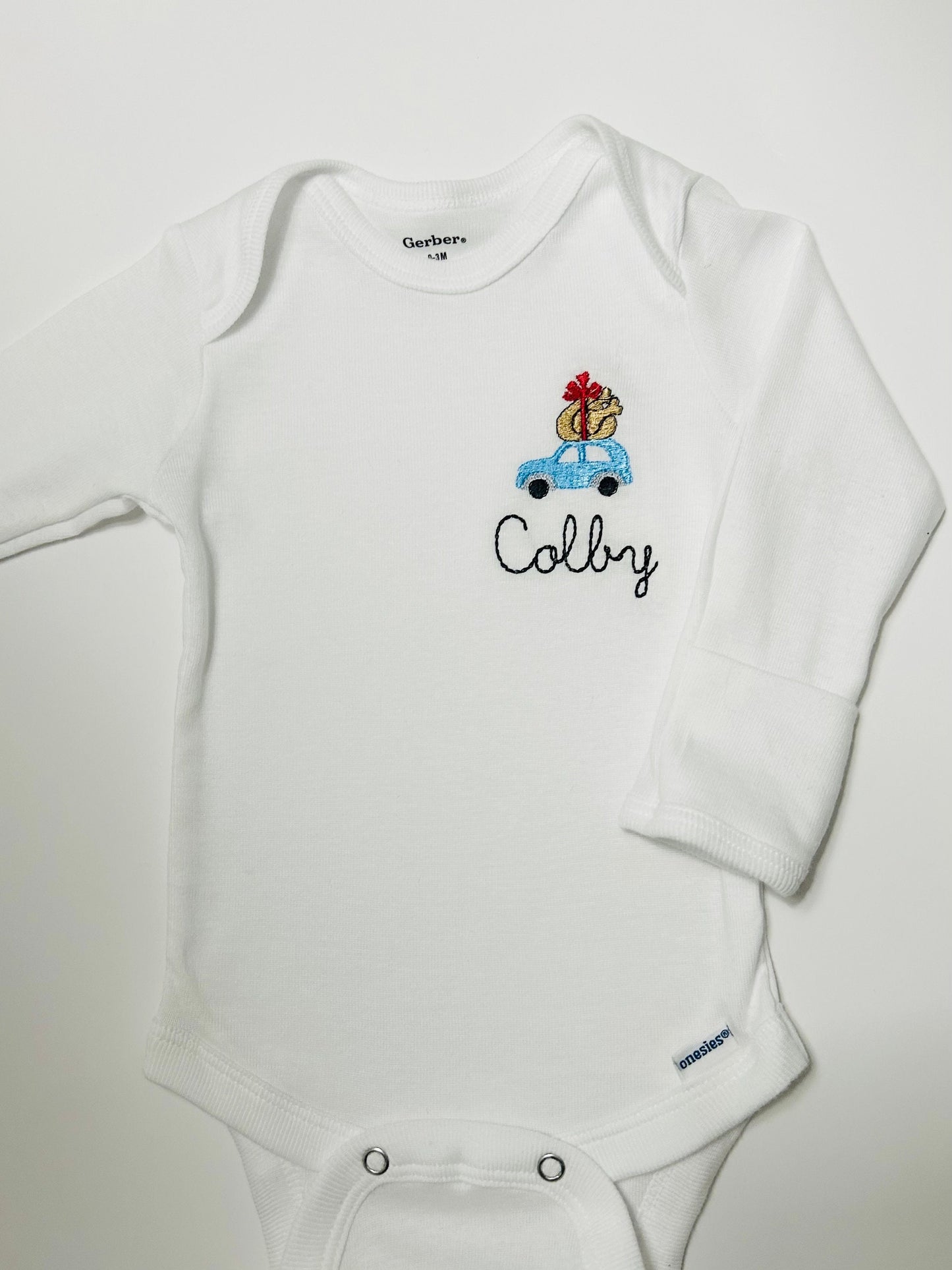 Personalized Embroidered Turkey on top of the car baby ONESIES® brand bodysuit, Personalized Thanksgiving baby bodysuit, turkey bodysuit