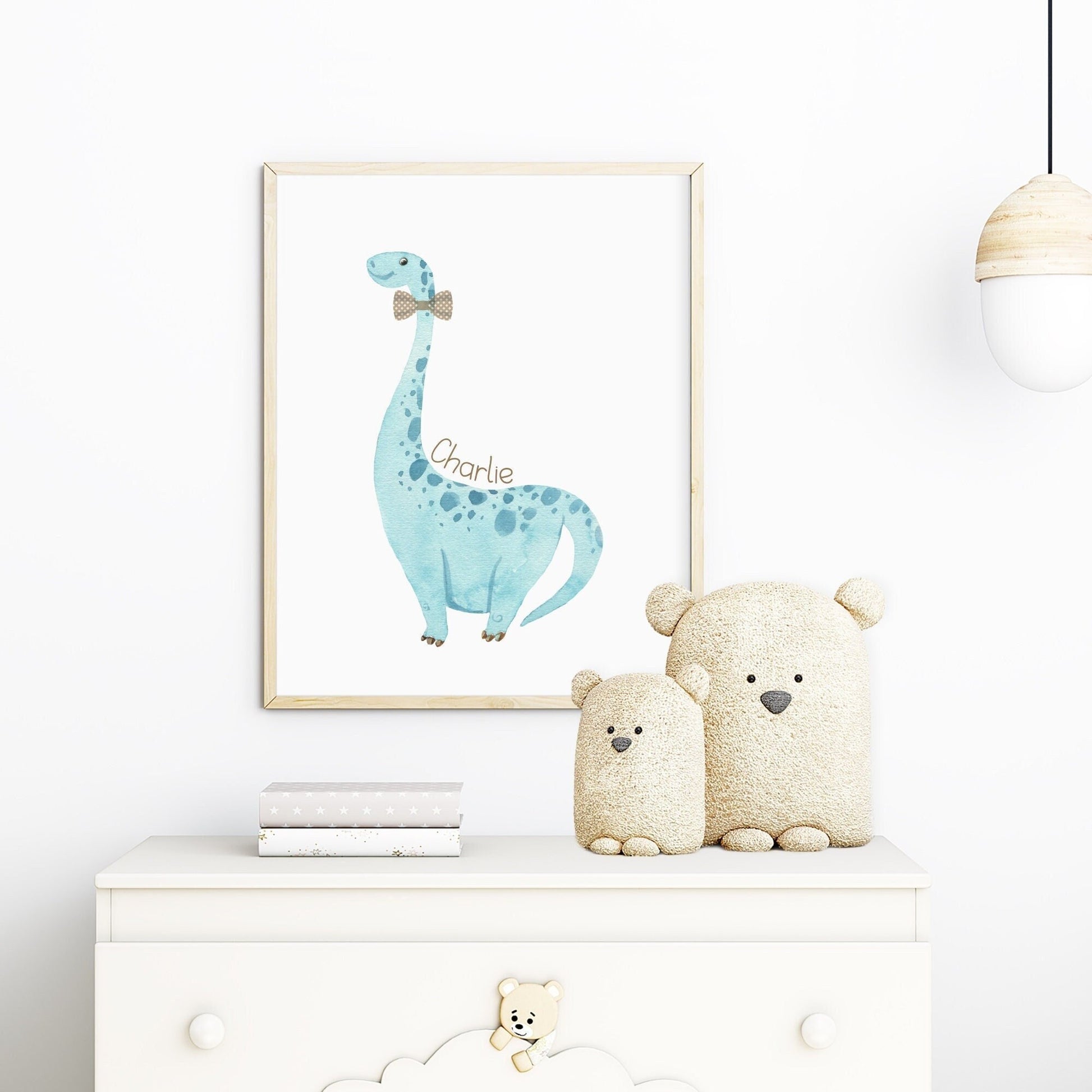 Personalized Watercolor blue dinosaur with bow tie wall art print, Nursery name decor, Baby name sign, nursery name sign, dinosaur wall art