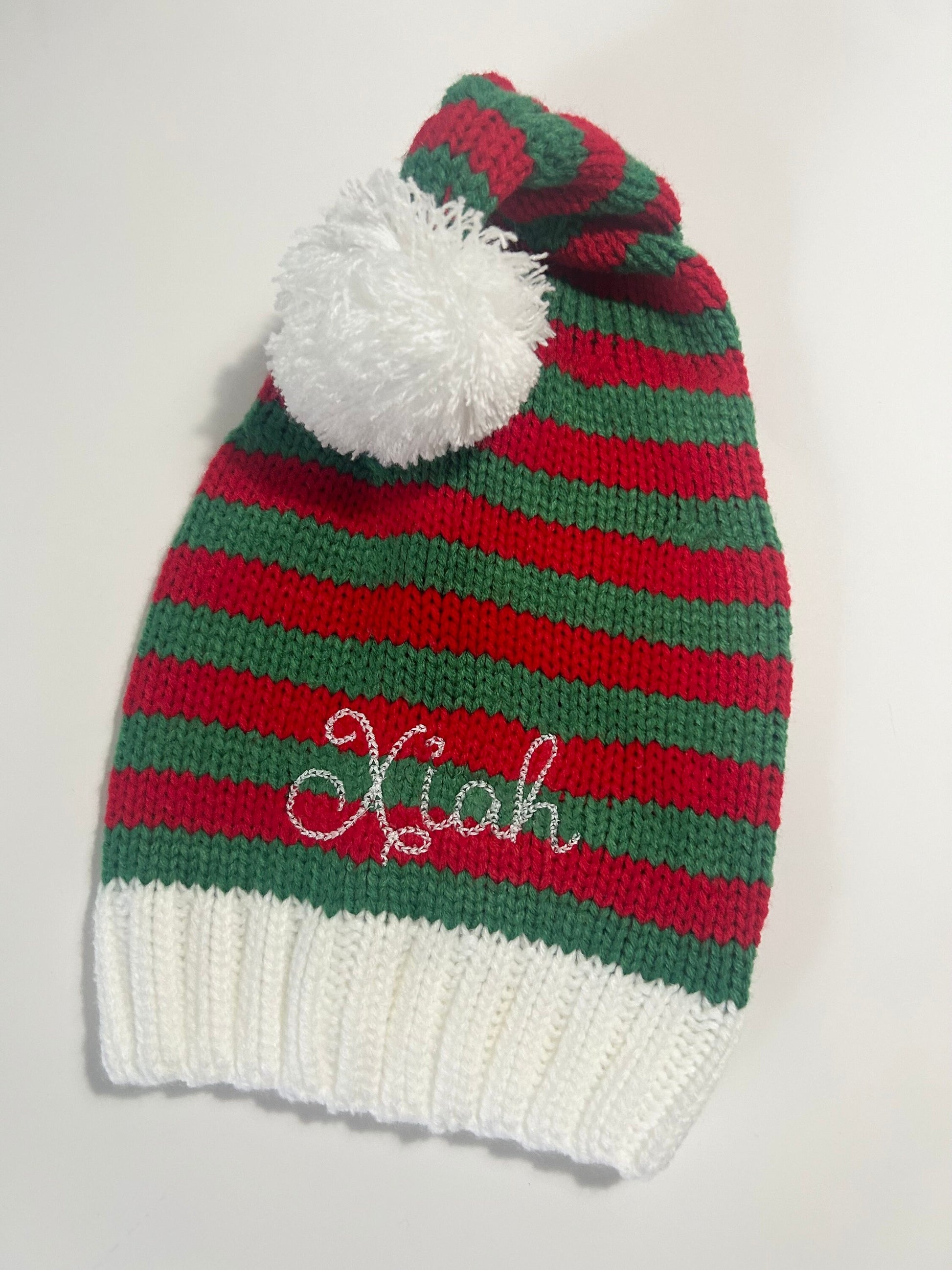 Personalized Embroidered baby Striped Santa hat, knit embroidered baby Christmas sweater Santa hat, unisex knit cap pom pom ball