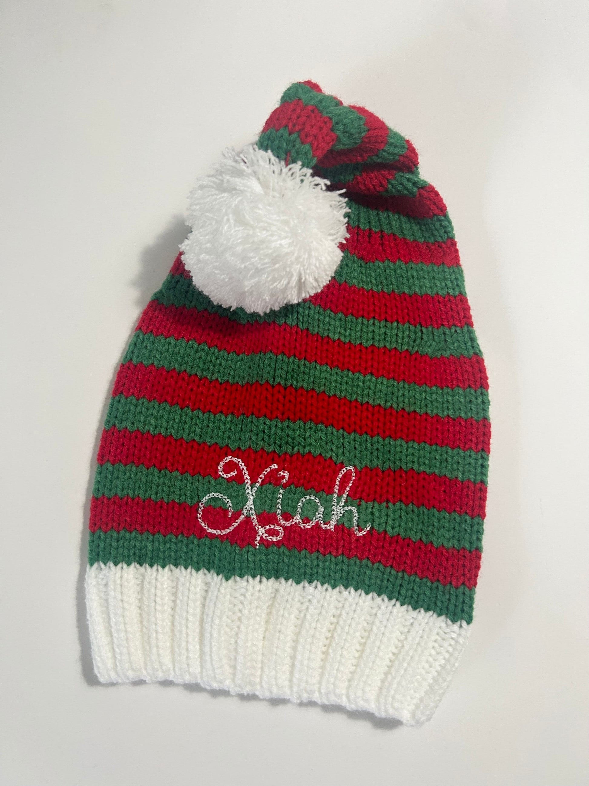 Personalized Embroidered baby Striped Santa hat, knit embroidered baby Christmas sweater Santa hat, unisex knit cap pom pom ball