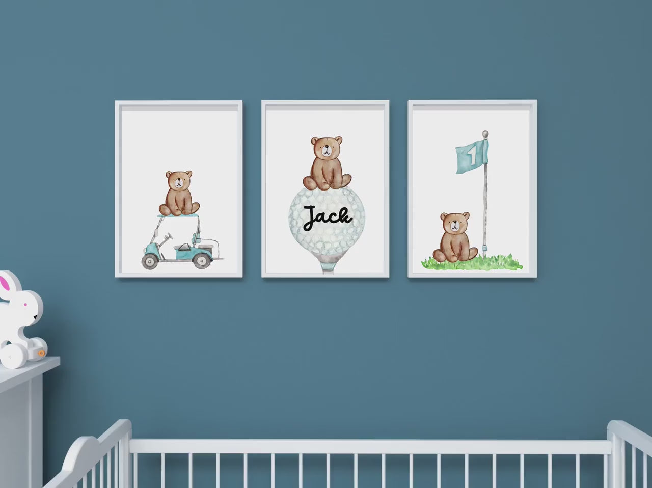 Personalized Golf wall art set of 3 prints, custom personalized woodland bear golf wall art set, nursery name sign, kids name sign, decor