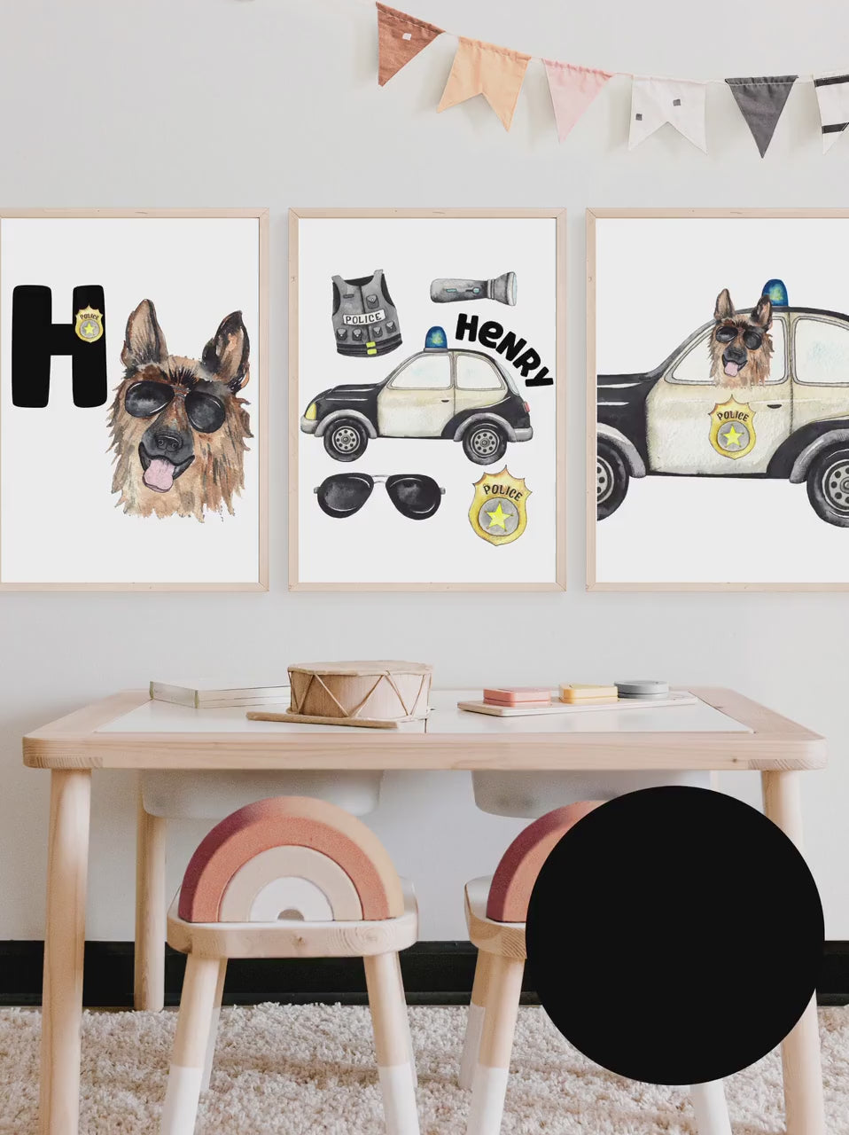 Personalized Police Dog wall art set of 3 prints, printed and shipped police art prints, nursery wall art set, kids police car wall art set