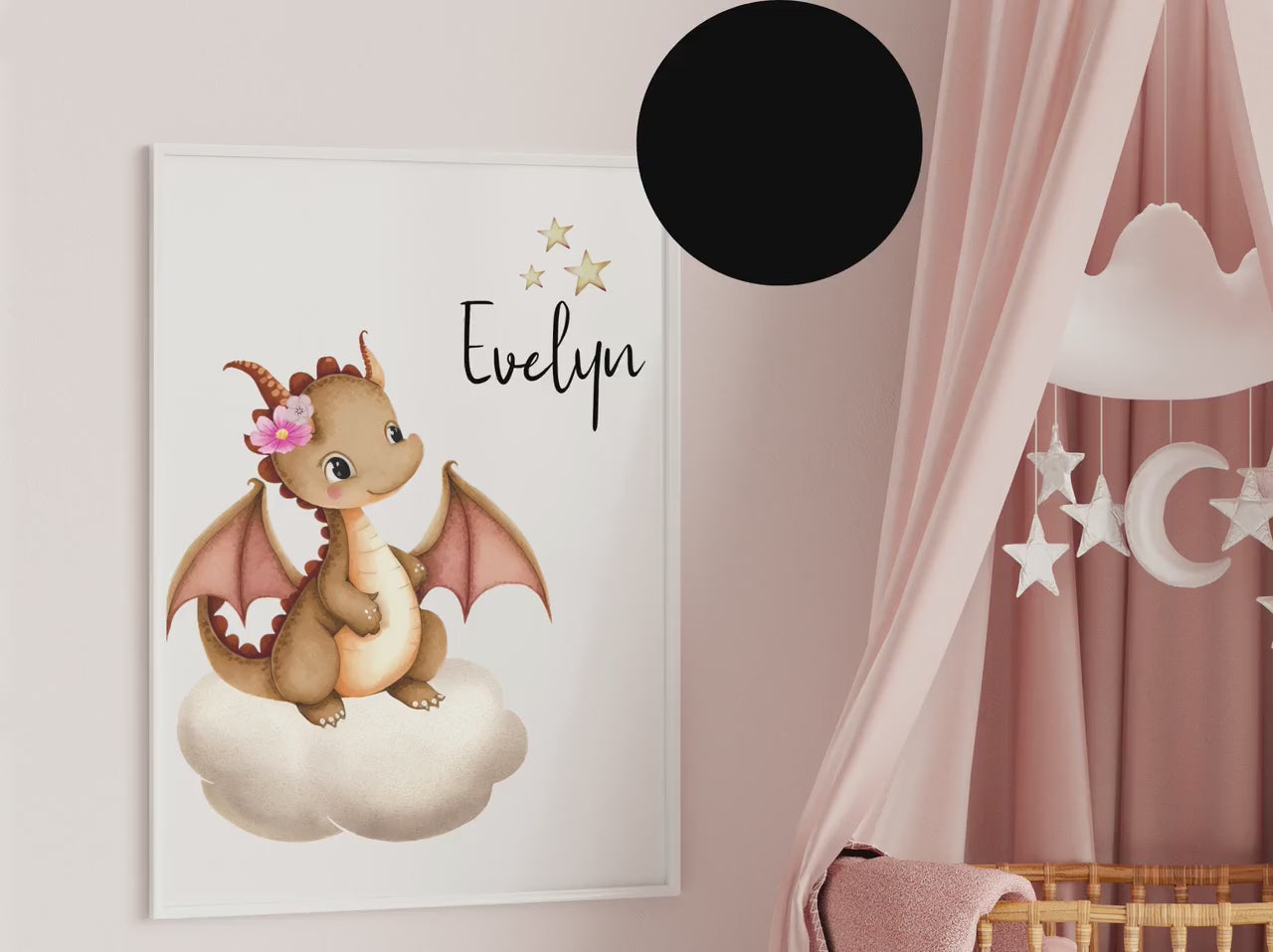 Personalized floral dragon nursery wall art print, custom dragon nursery art print with name, Girl's personalized pink dragon wall art print