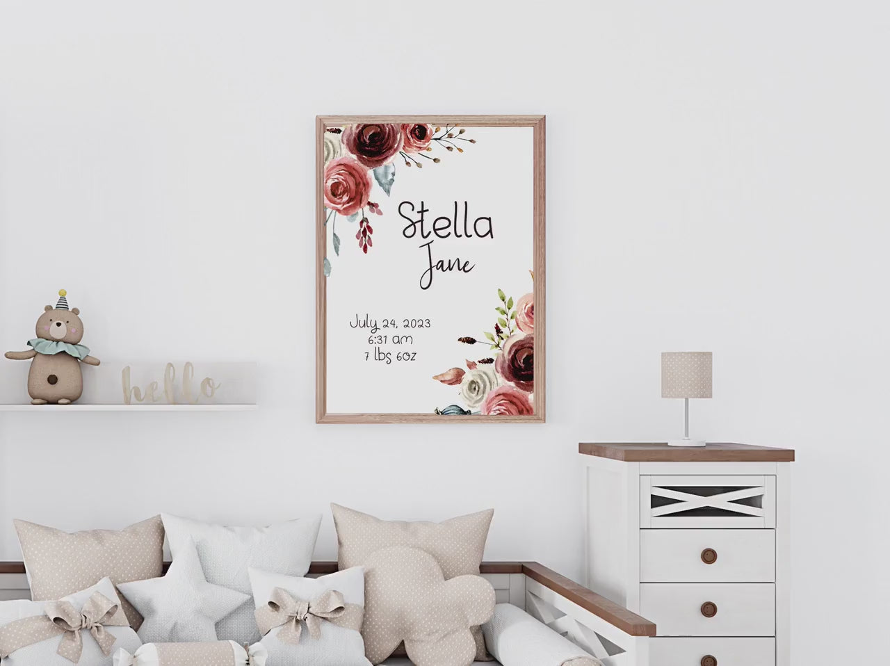 Boho Floral Baby birth stats sign, terracotta rose nursery wall art, Boho modern wall art, floral baby birth stats art print, baby wall art