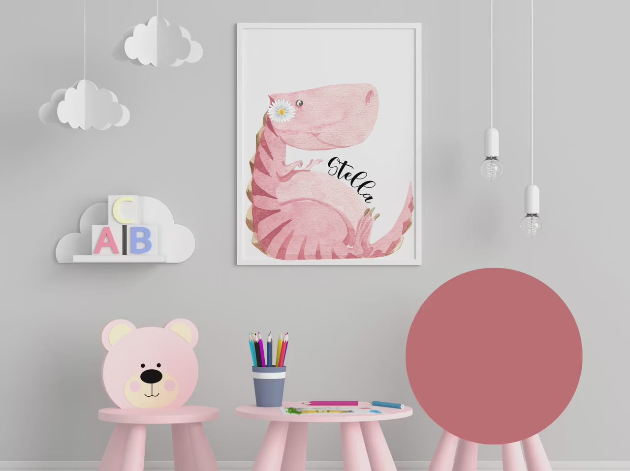 Personalized Watercolor Pink Dinosaur wall art print, Dinosaur Nursery wall art with name, Baby name sign, girls dinosaur wall art print