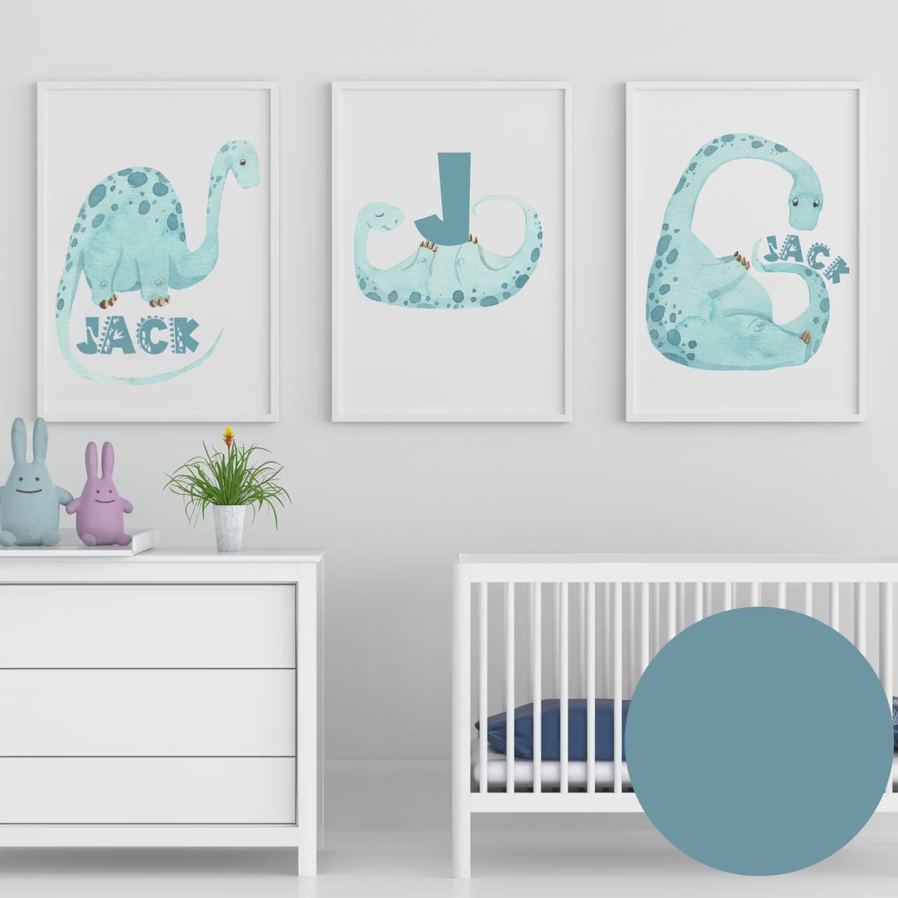 Personalized Blue Dinosaur Nursey wall art set of 3 prints, dinosaur nursery wall art set with name, dinosaur nursery decor, baby shower